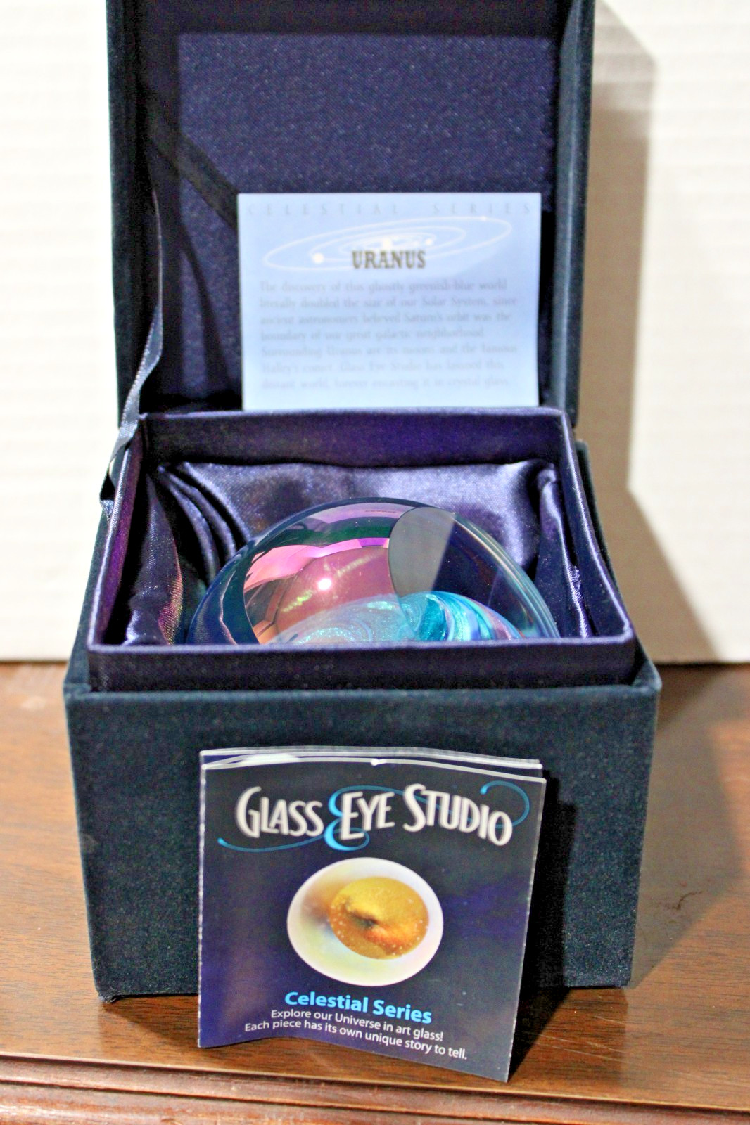GES GLASS EYE STUDIO URANUS 3 1/2 INCH ART GLASS PAPERWEIGHT CELESTIAL W/BOX