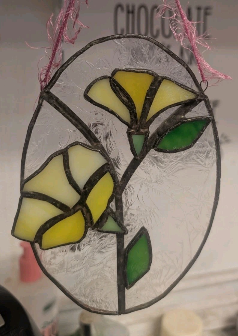 Sun Catcher Stained Glass Window Hanger Spring Flower Yellow morning glory 7″X5”