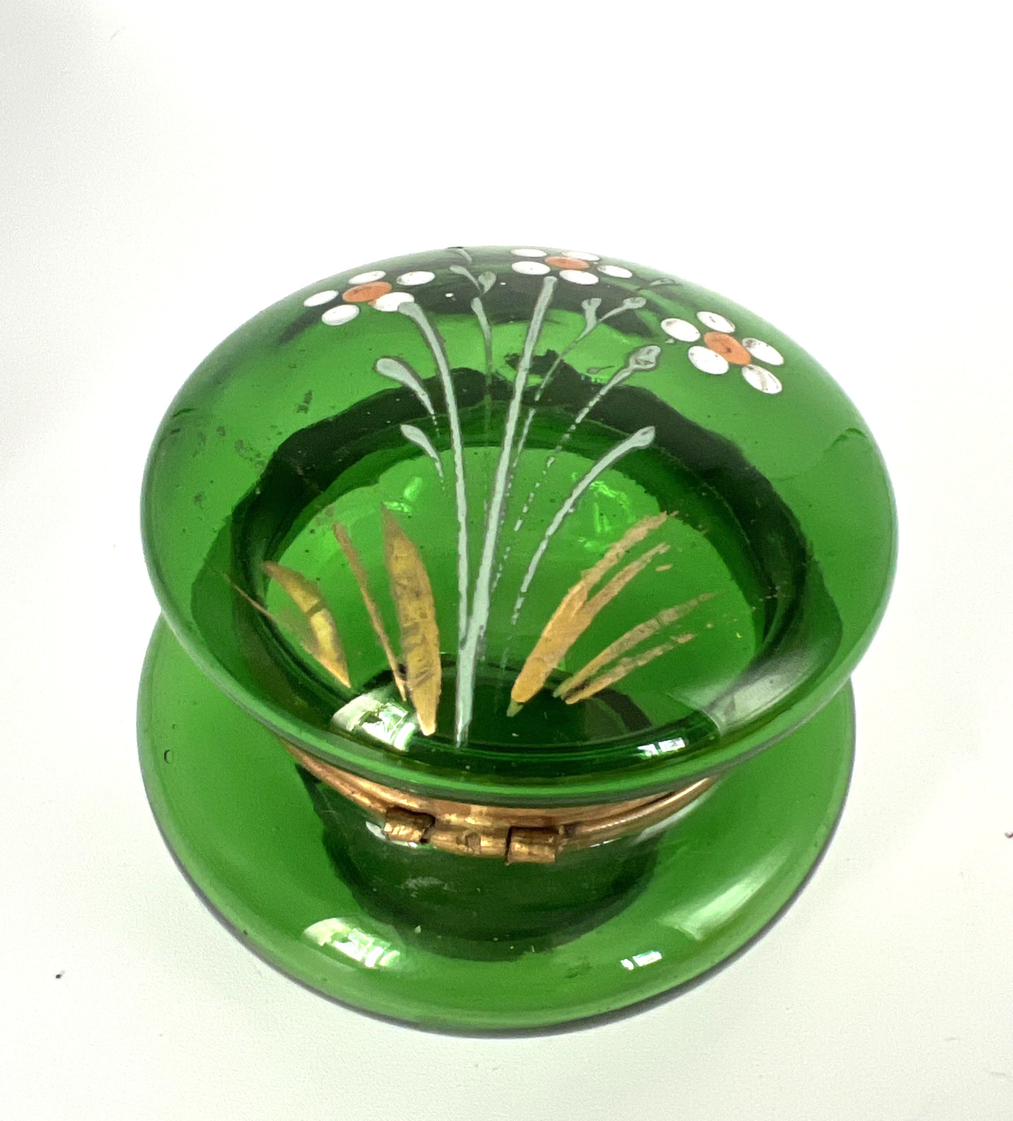 Antique Green Jewelry Box HPainted Depression Glass Floral Hinge Box Bohemian