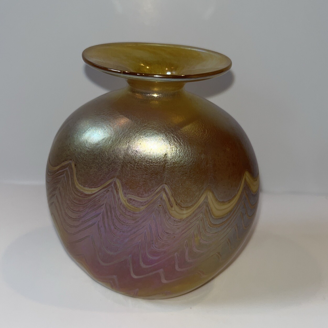 Vintage Art Glass Vase Signed Robert Held Yellow Purple Iridescent 4.5” Canada