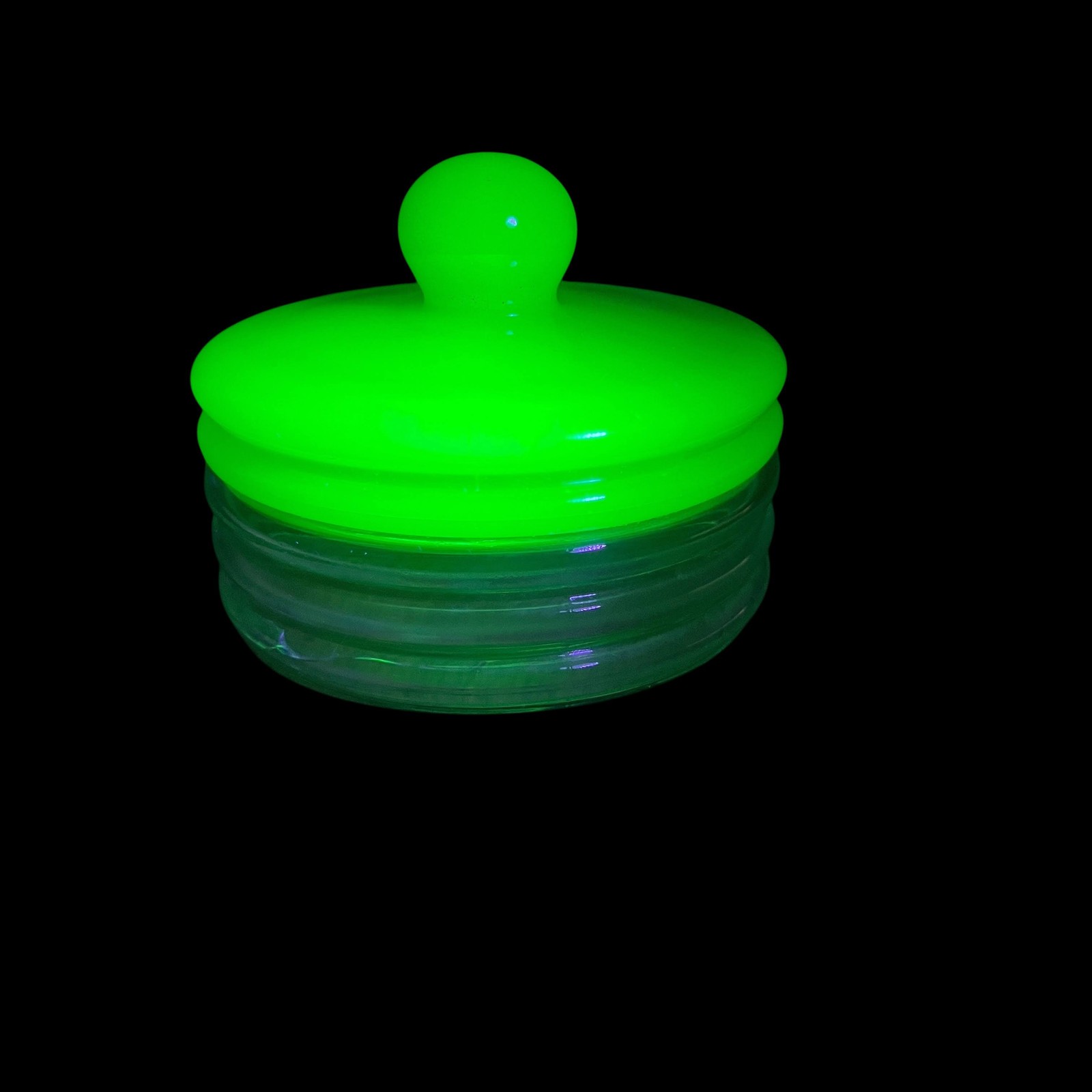 Vintage Uranium Glass Powder Box Lid Glows UV Ribbed Clear Opal Green Art Deco