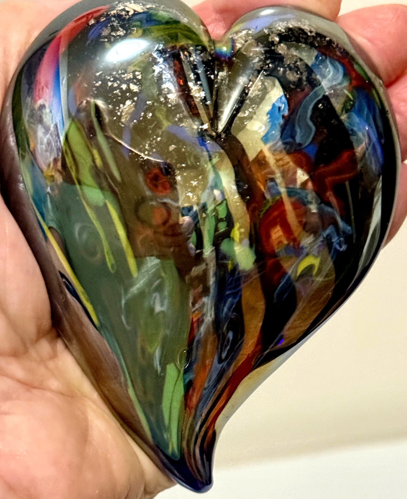 Iridescent Multi Color Heart Shaped Art Glass 4×3.25in. .70lb. #577