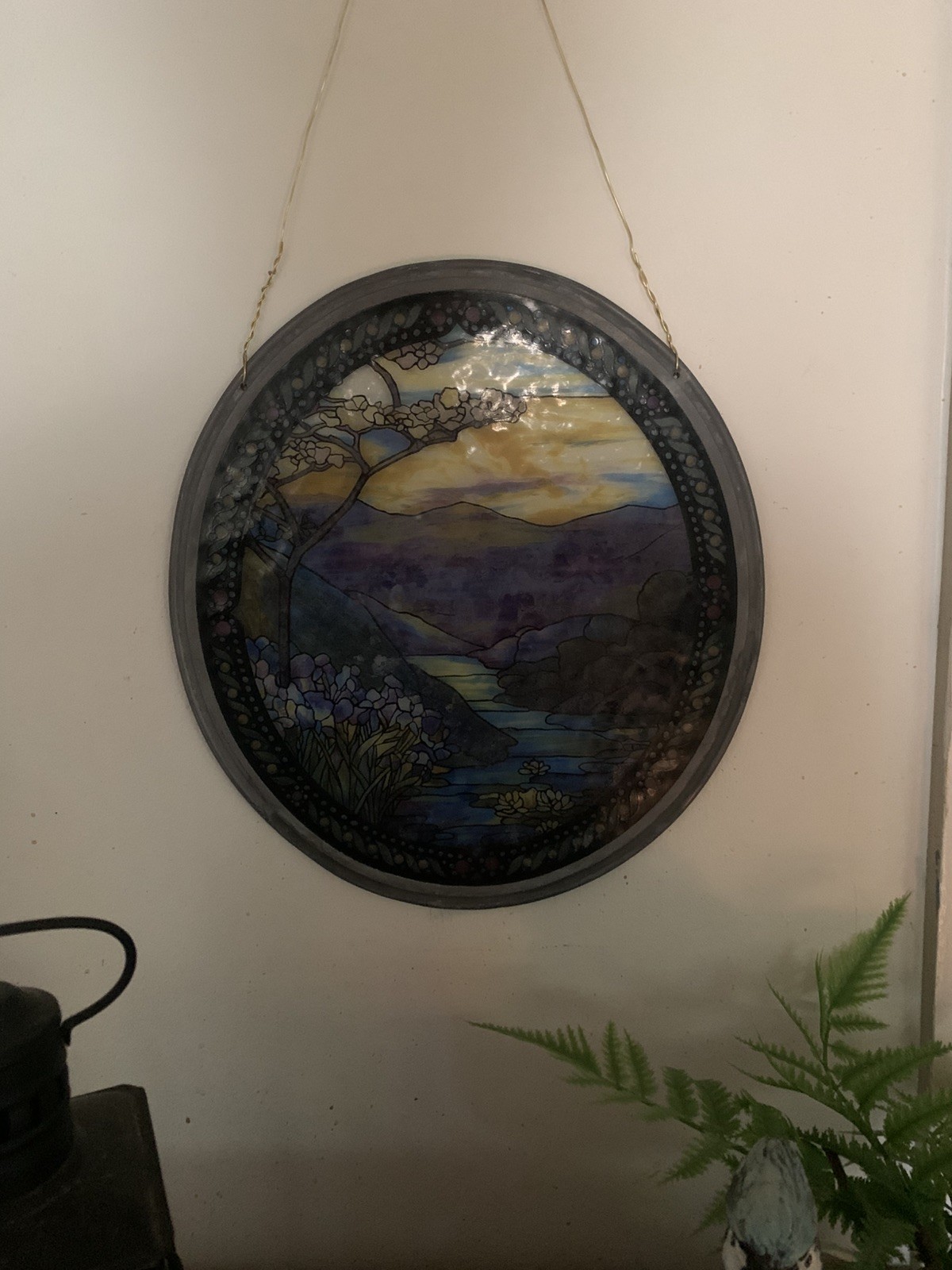Vintage Stained Glass Landscape Lilies Louis C. Tiffany Oval Shape Glassmasters
