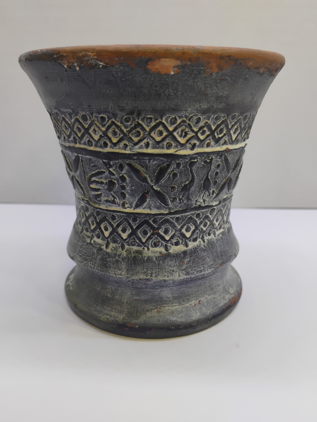 Greek Studio Pottery Stoneware Vase Mid Century Incised Signed EB Handmade