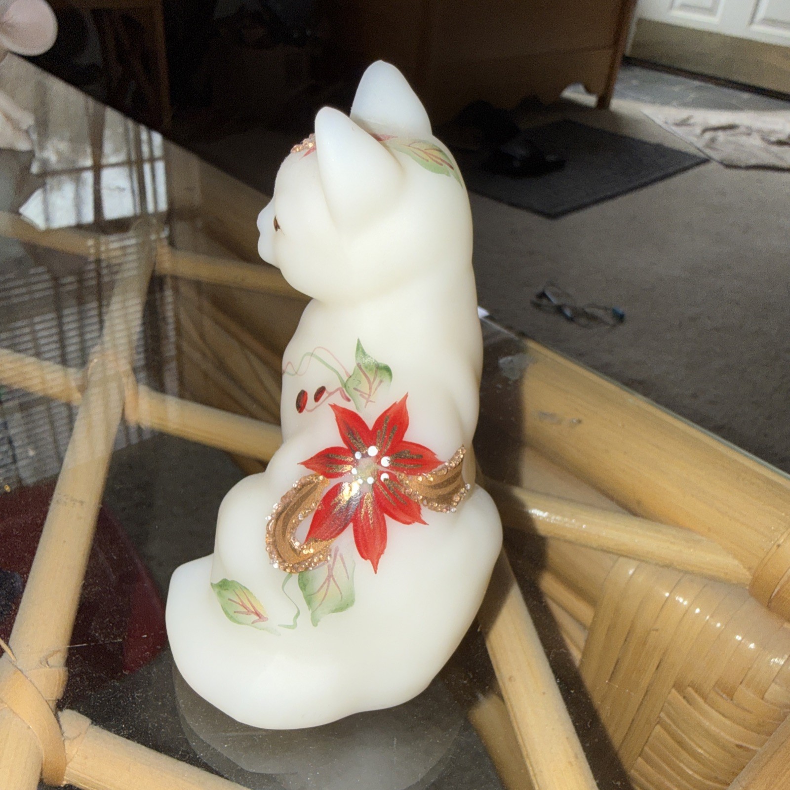 Vintage Fenton Opal Satin Glass Christmas Cat Figurine – Hand Painted J. Powell