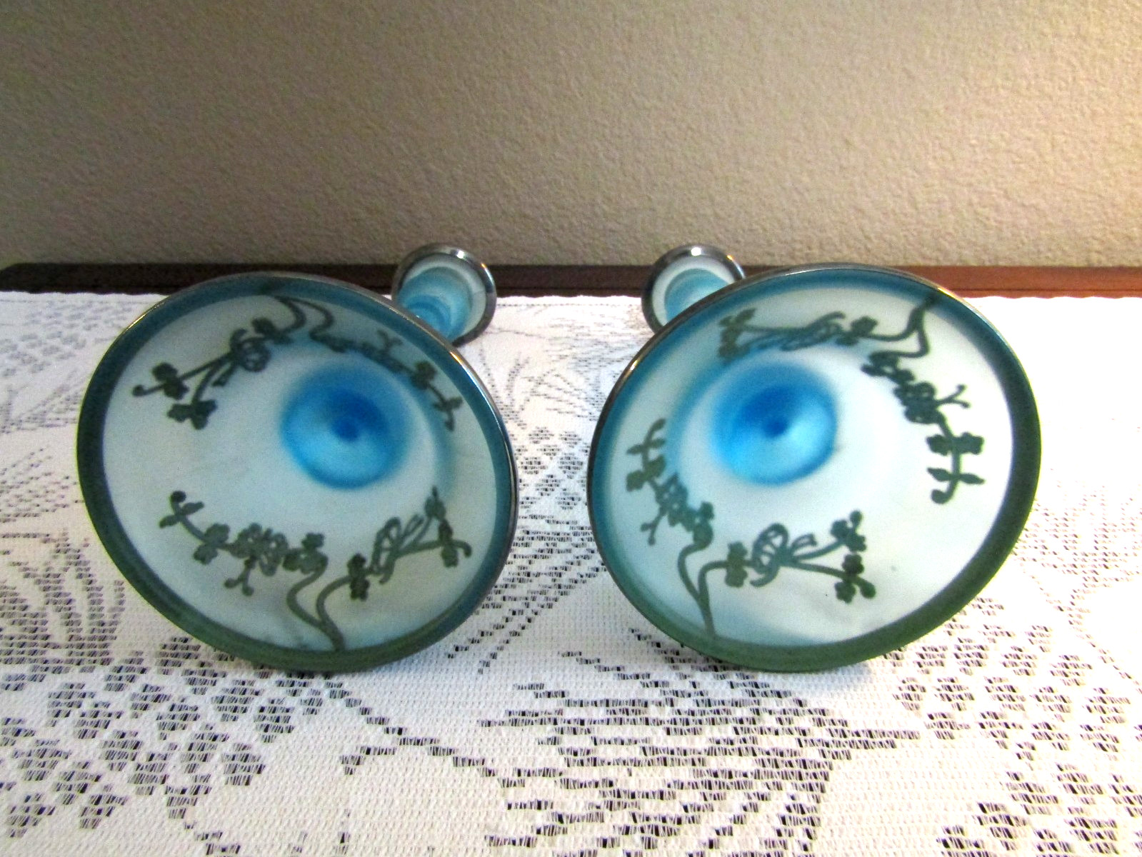 Tiffin Sky Blue Satin Glass CONSOLE BOWL & CANDLESTICK HOLDERS / Silver Overlay
