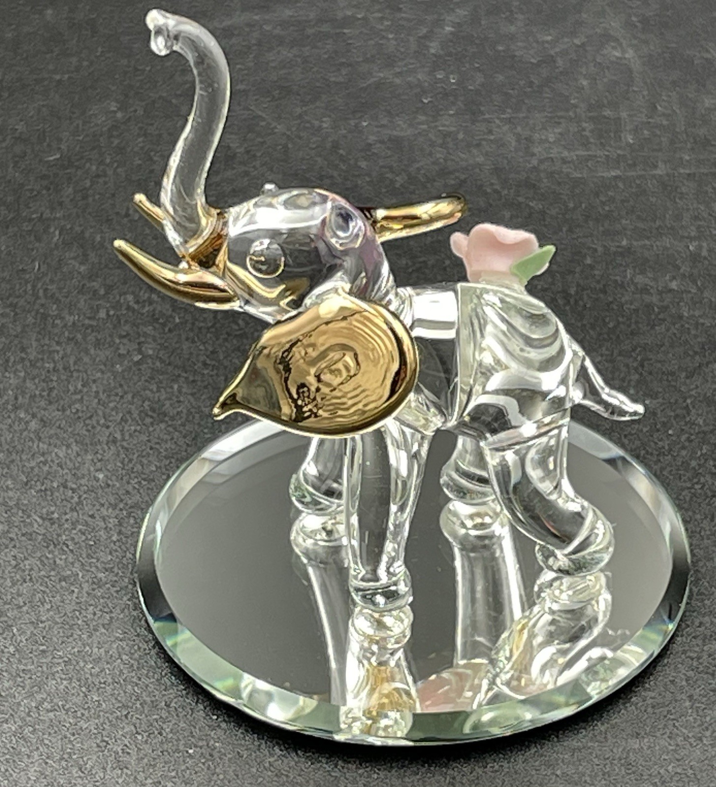 Glass Baron Elephant Trunk Up Pink Flower Miniature Figurine W/ Box