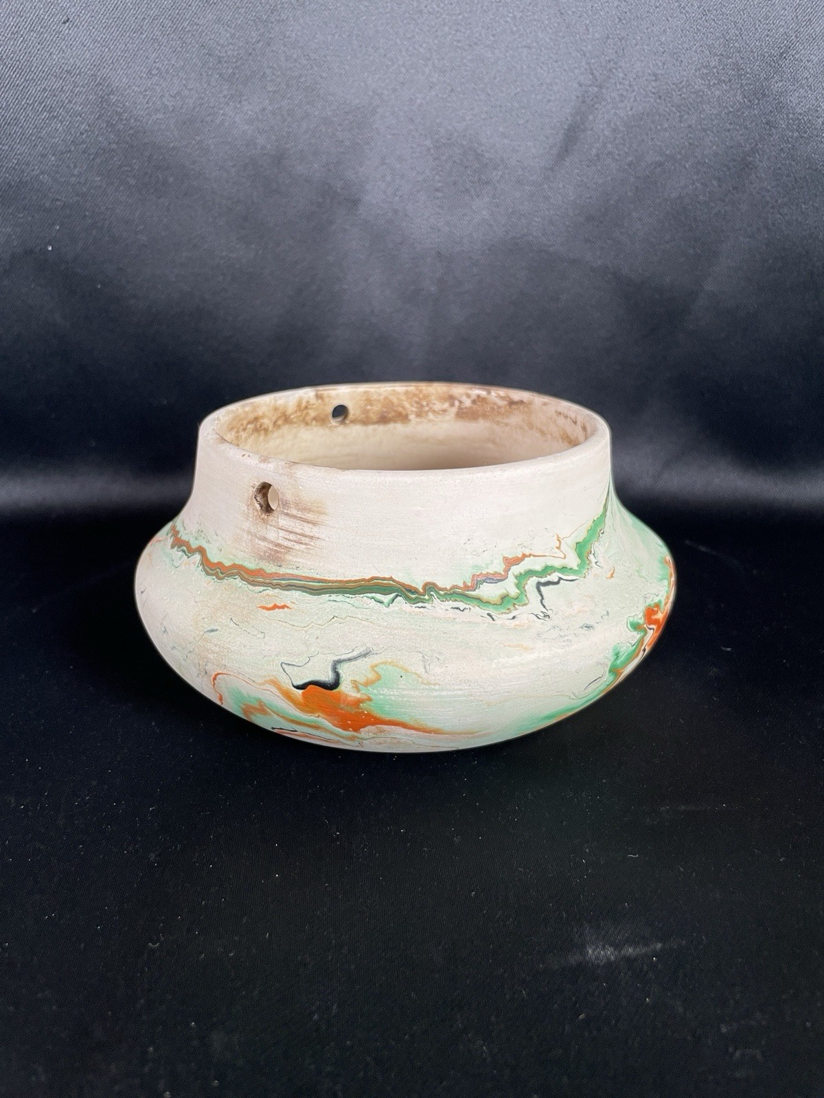 Vintage Nemadji Pottery USA Hanging Planter Pot wit Chain Swirled Orange Green
