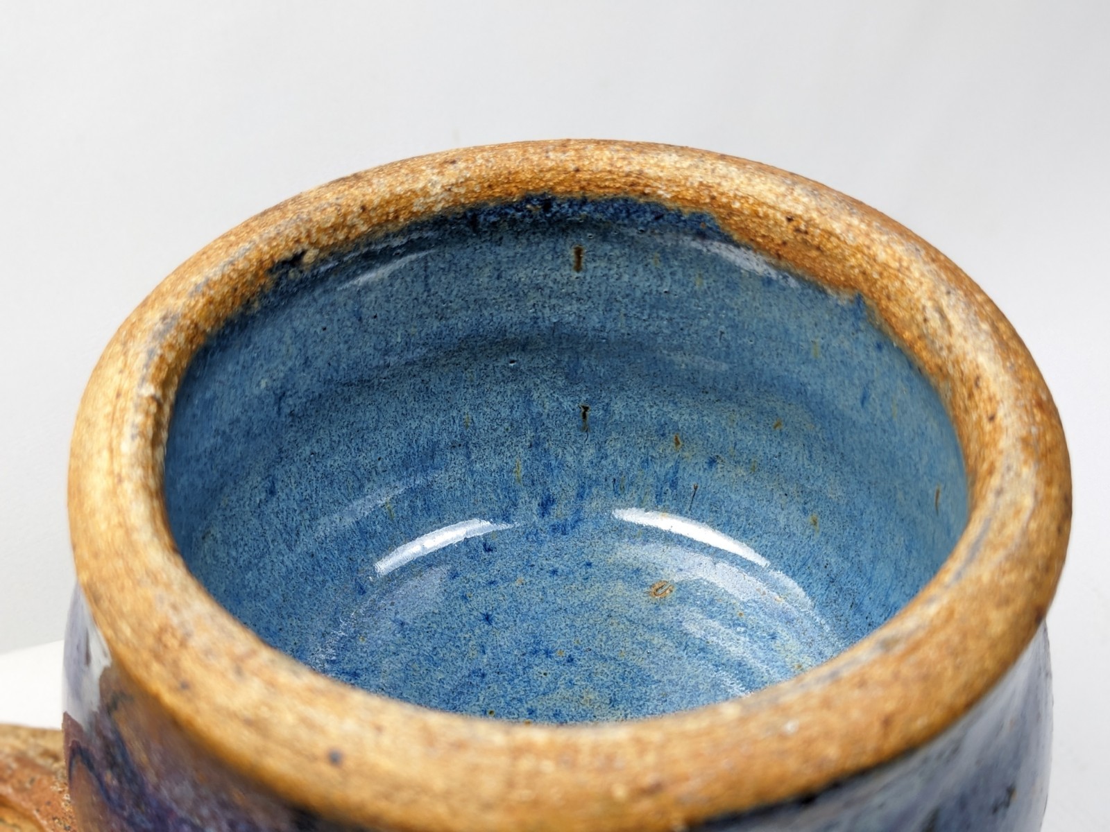 Studio Art Pottery Lidded Jar Blue Abstract Glazed Signed 4.25” x 4.5” Handmade