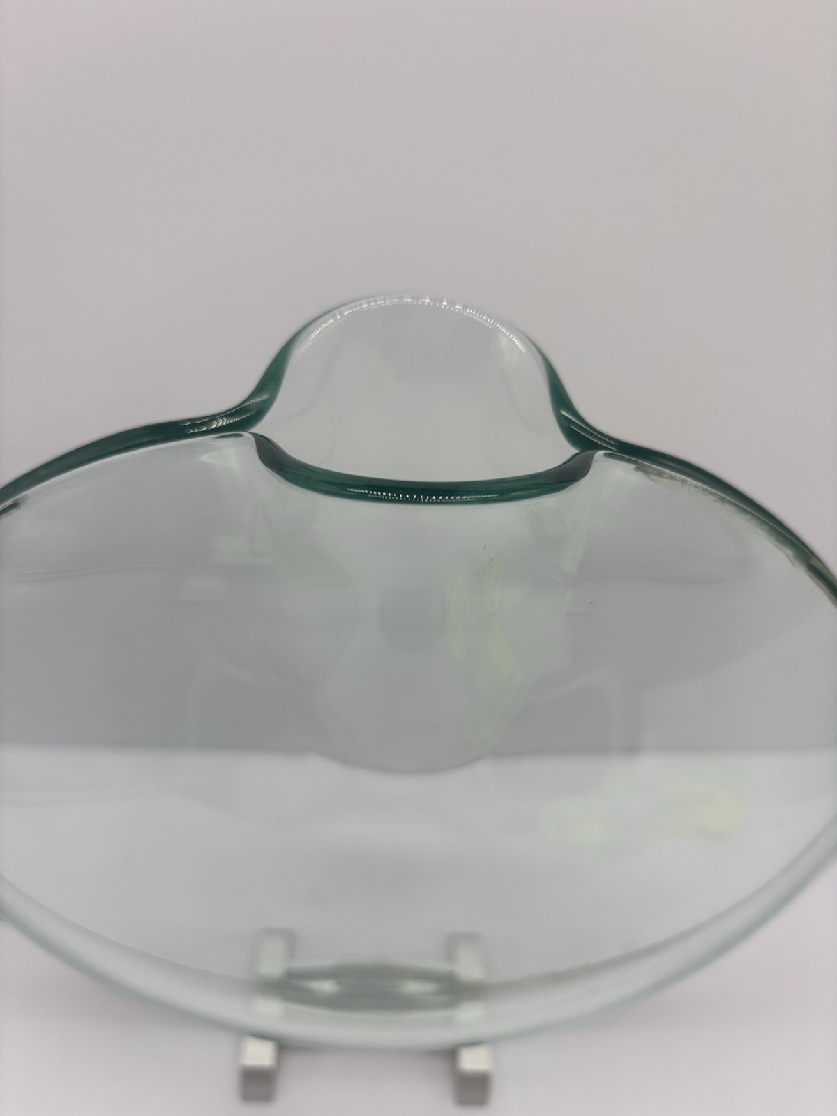 Beautiful Art Glass Flower Flat Vase On Aluminum Stand. 10” D