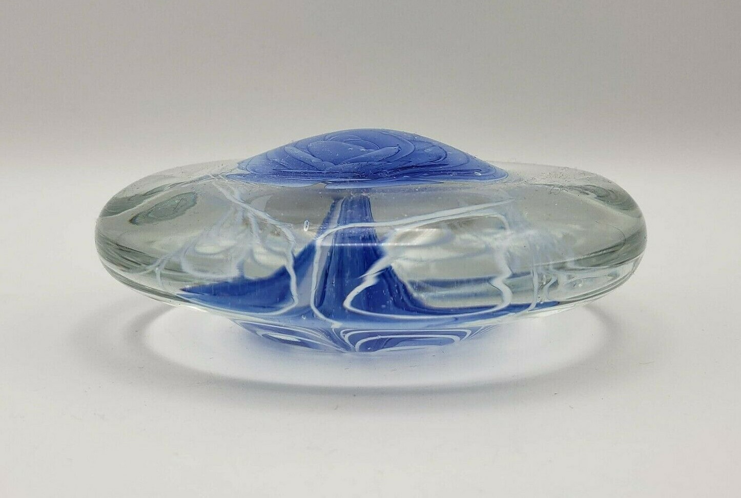 Art Glass Flower Paperweight | Unmarked | Blue and Clear