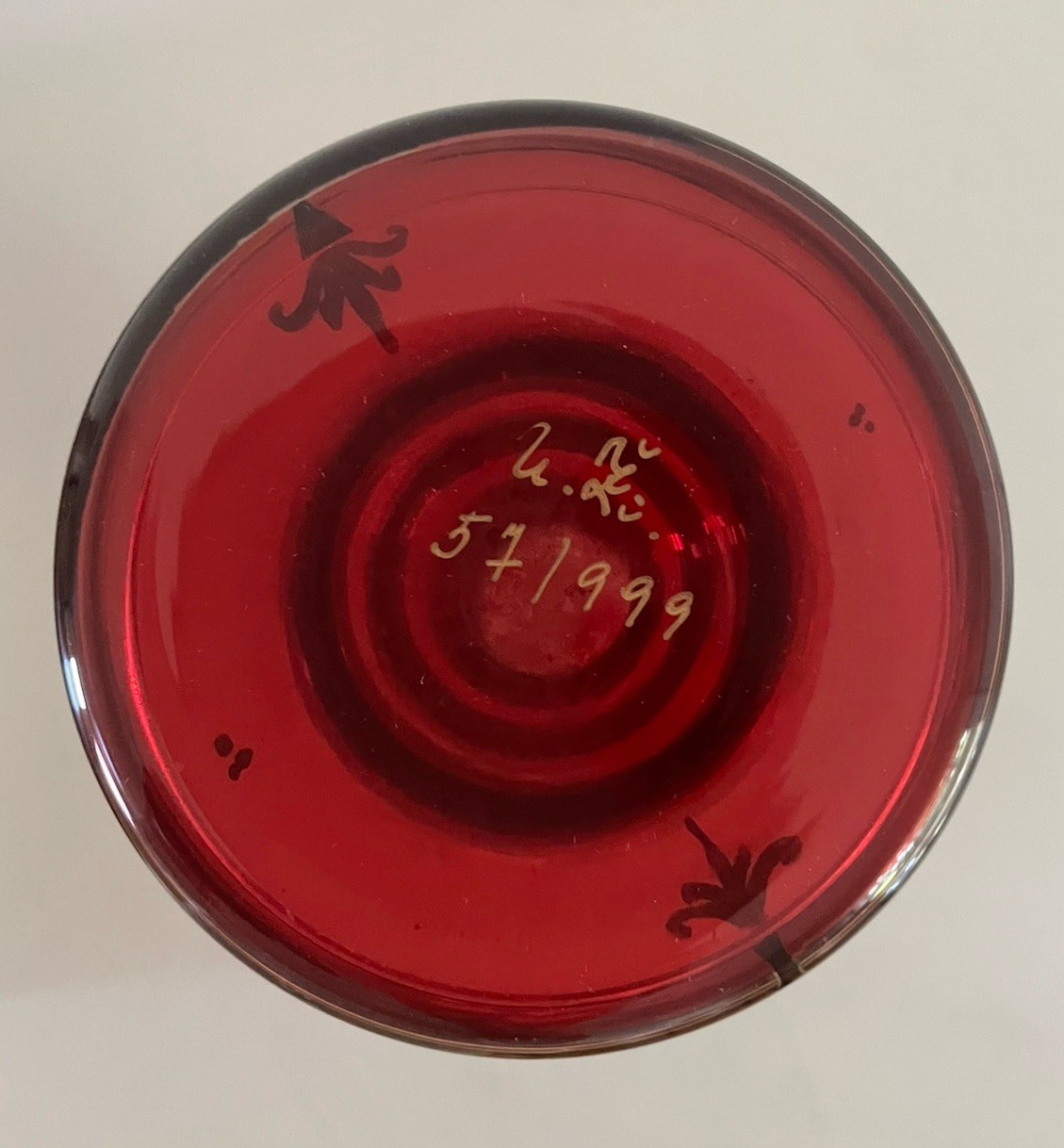 Czech Bohemia Crystal Egermann Red Glass Vase Gold Hand Painted Signed w Cert