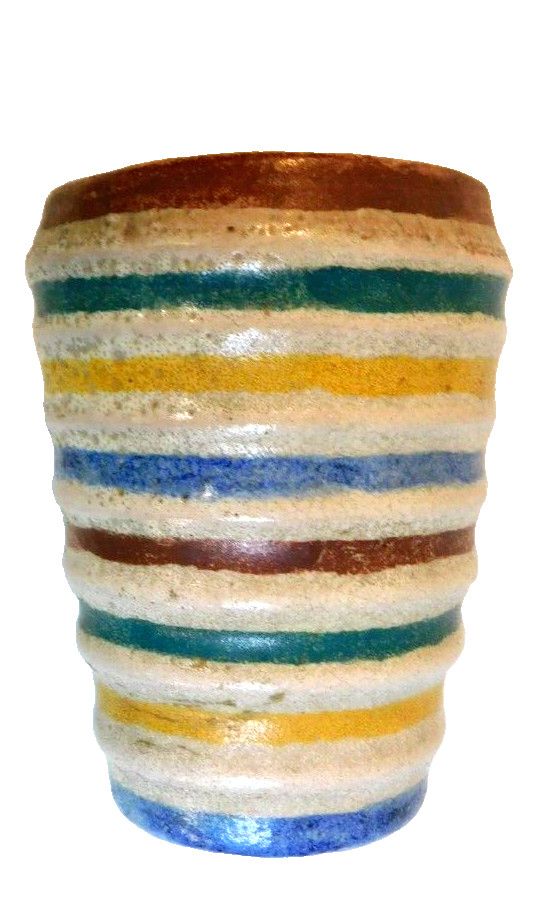 MID CENTURY MODERN ART POTTERY VASE WITH STRIPES SIGNED HP~4 1/4″