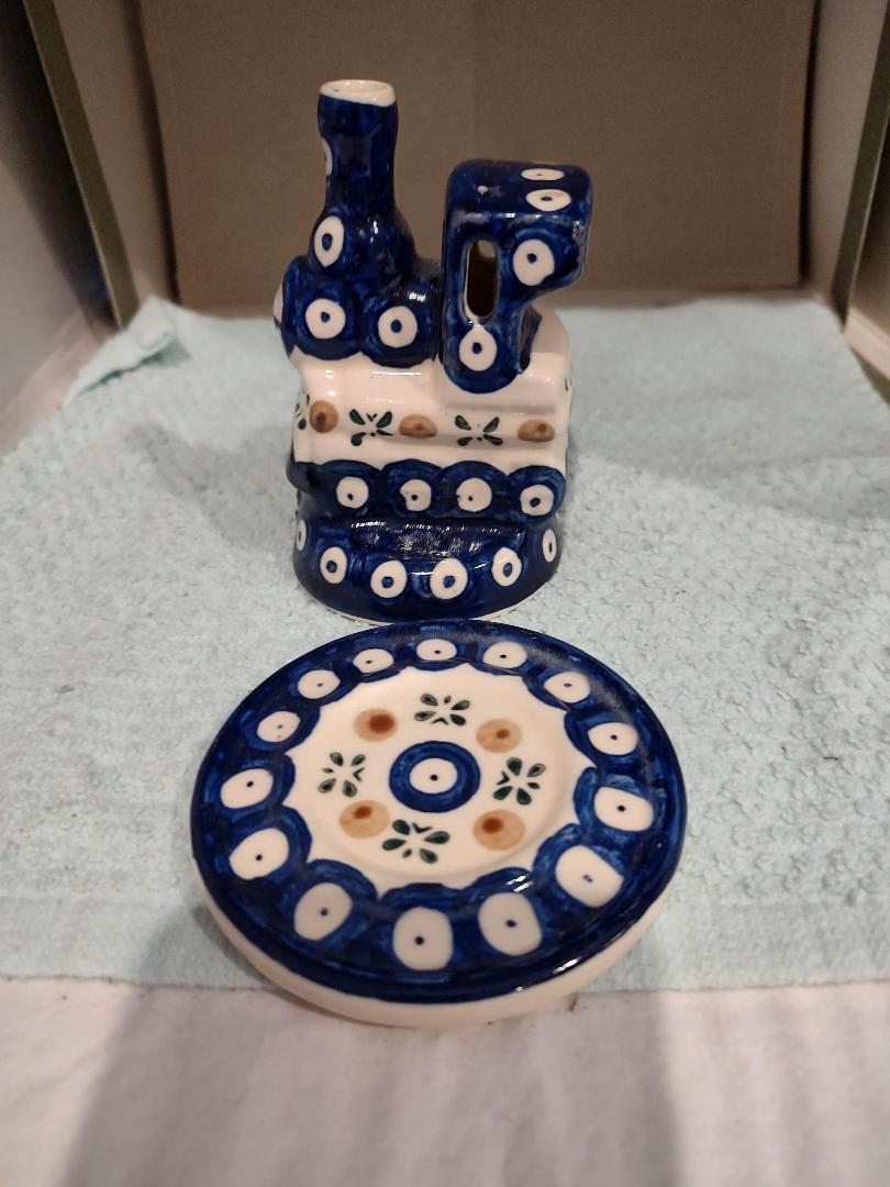Dana Jakubowski Boleslawiec Train Polish Pottery locomotive Tea Light w Base