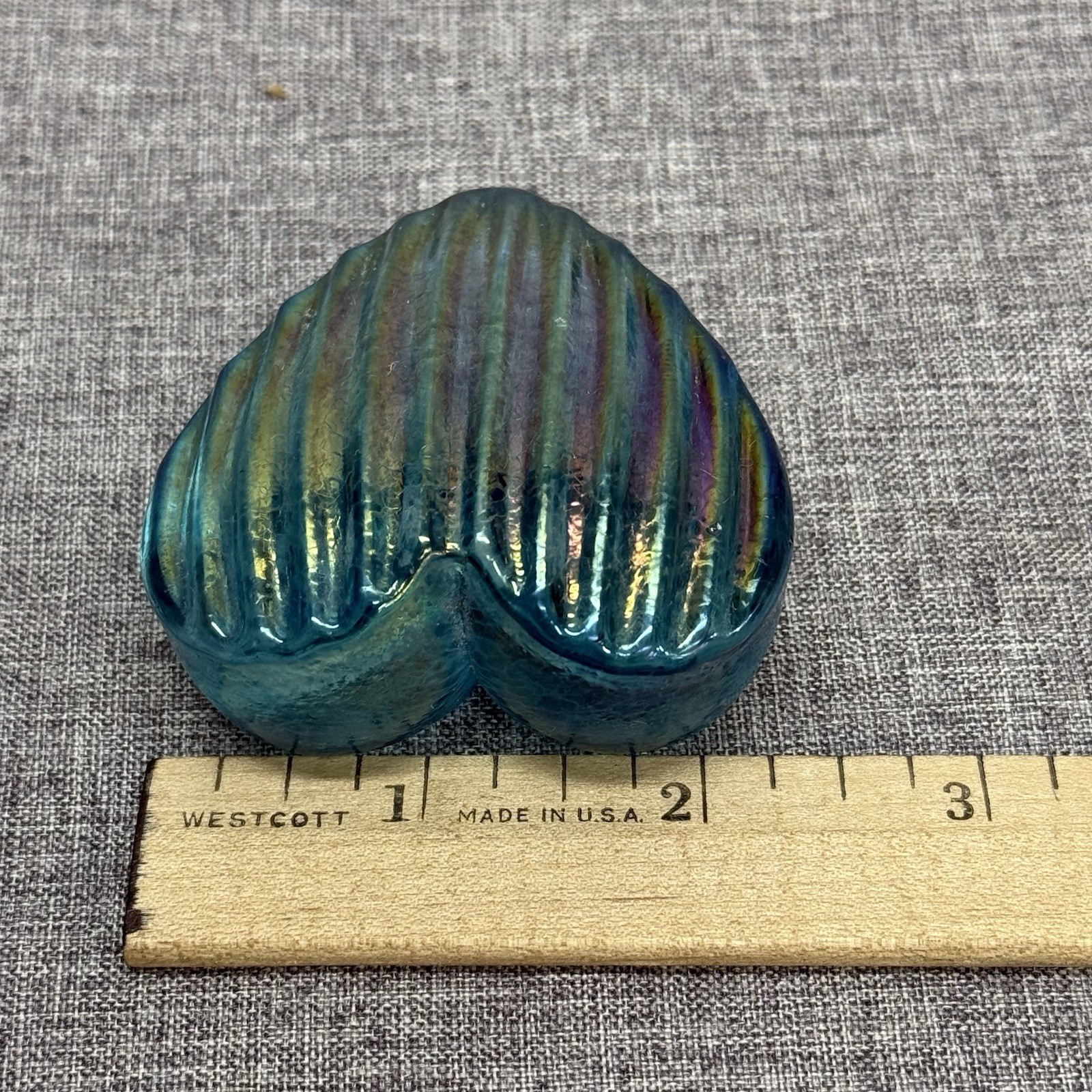 Robert Held Art Glass RHAG Blue Iridescent Striped Heart Paperweight 2.5”