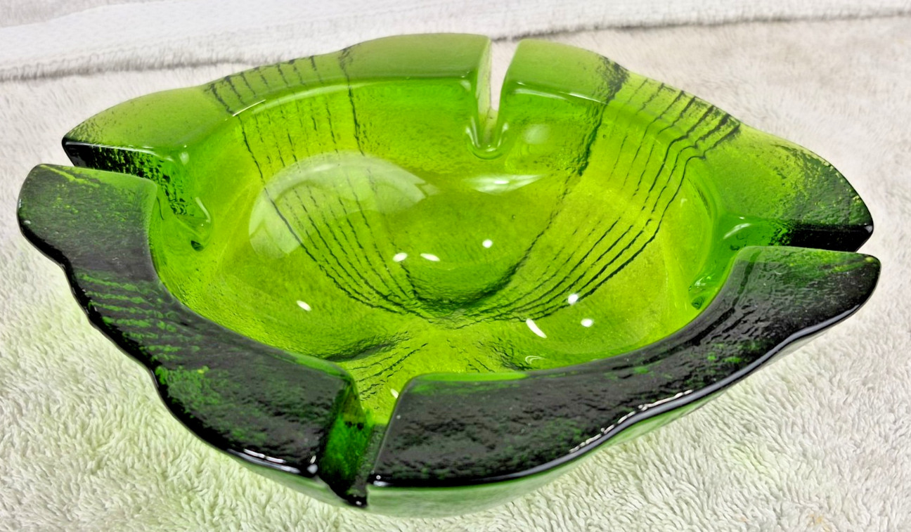 Vintage Avocado Glass Ashtray Green MCM Large Beautiful 7 inch heavy