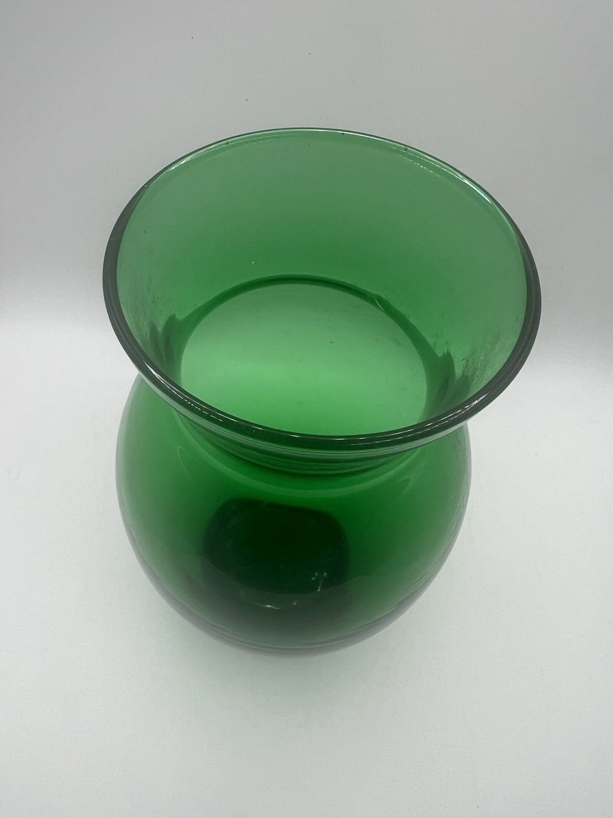 Set of 2 Mismatched Unbranded Green Glass Vases. Large 8.75” T, Small 6.25” Tall