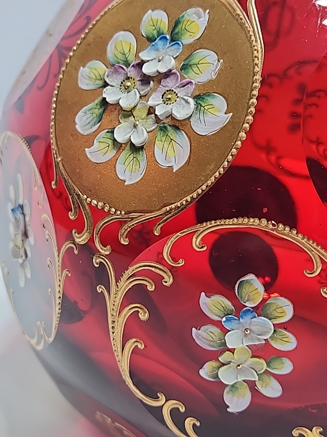 Beautifull Bohemian Ruby Red Gold Hand Painted Large Glass Vase With 3d Flowers