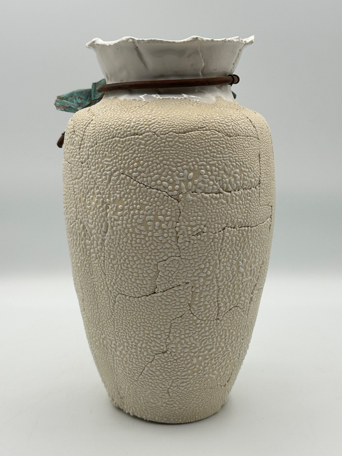 Handmade Studio Art Pottery Vase Copper Vine Patina Leaves Textured Ceramic
