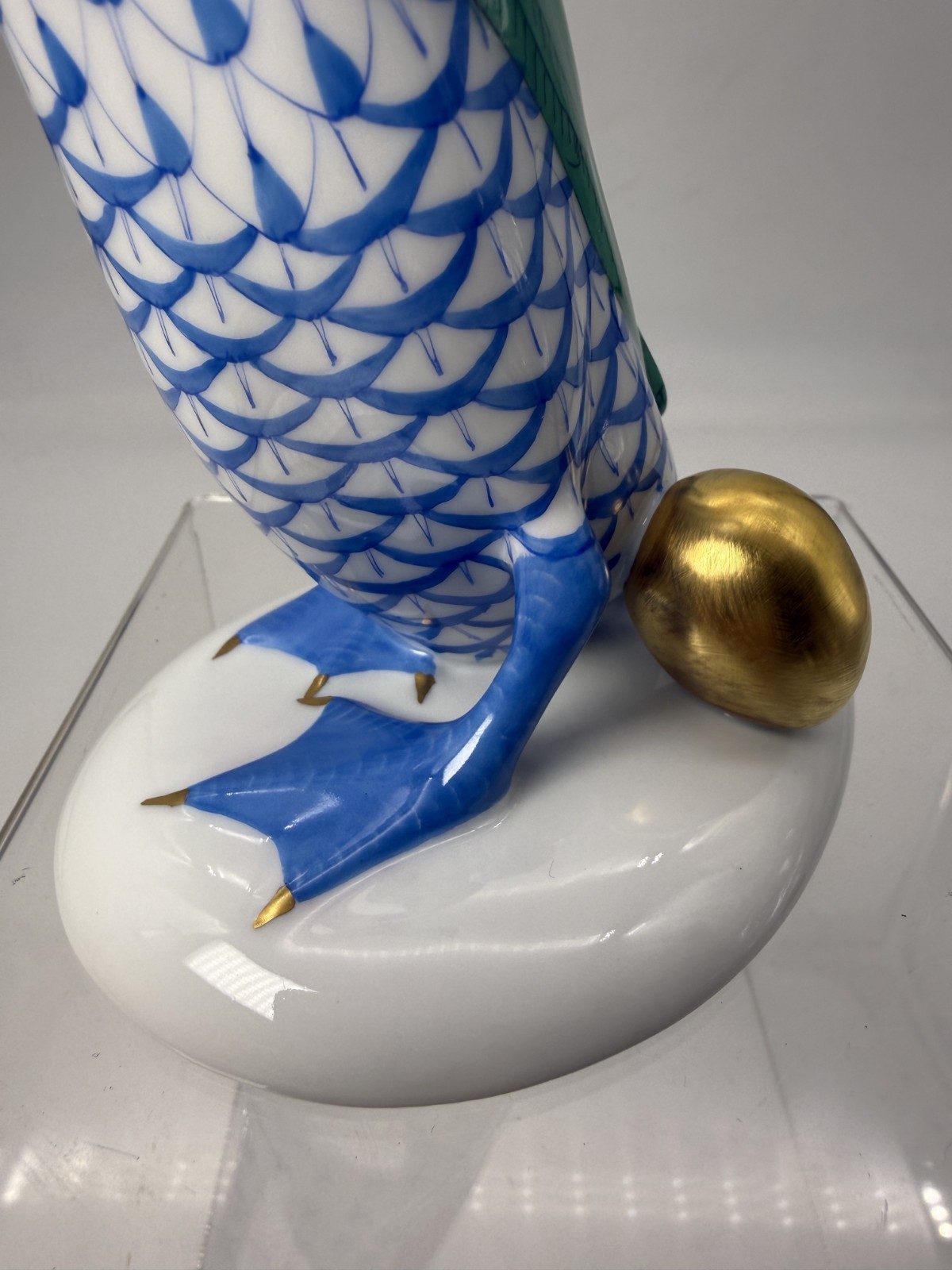 Exquisite Herend Porcelain Goose with Golden Egg In Fishnet Blue Hand Made
