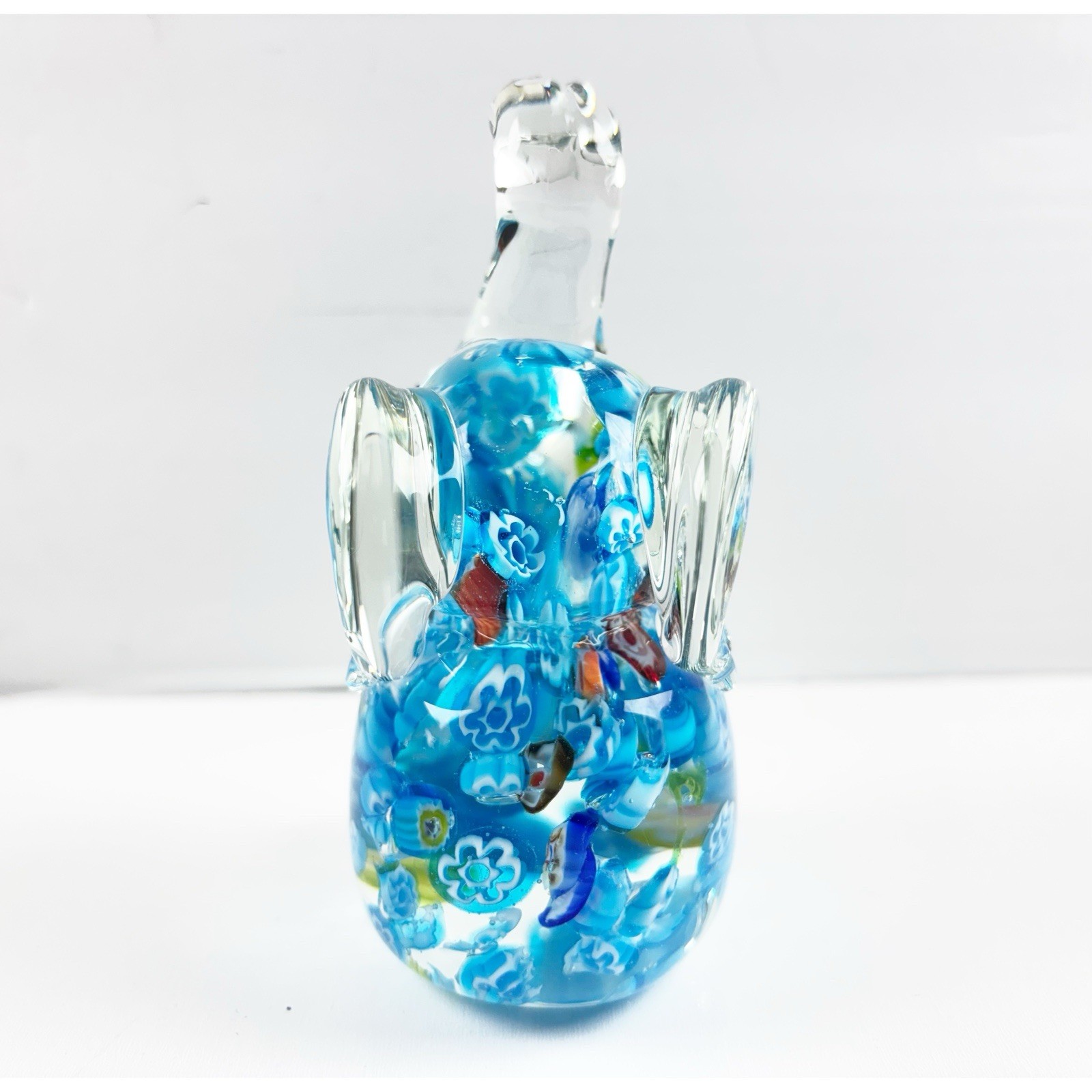 Elephant Paperweight Hand Blown Millefiori Art Glass Blue Floral 4.5” Trunk Up