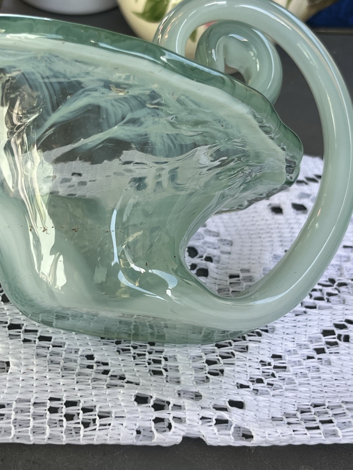Light Green Hand Blown Milk Glass Cornucopia Basket Curved Shape Decorative