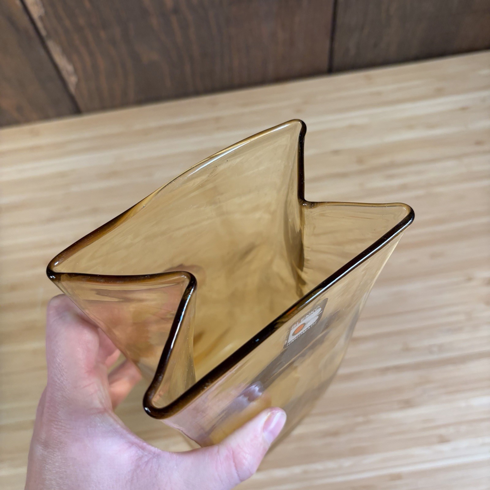 Blenko Glass 8813 Amber Paper Bag Vase With Label USA Approx 8 1/4”H