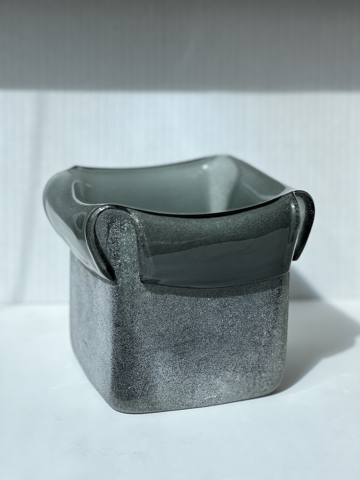 Studio Art Mouth Blown Grey Heavy Glass Cube Vase Folded Top and Frosted Texture
