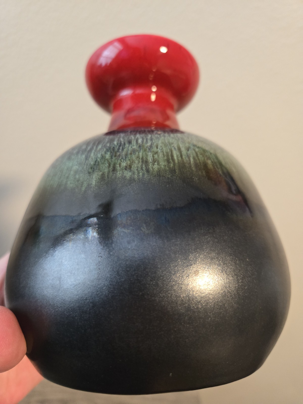 Hutschenreuther Style Fat Lava Bulbous Vase, Glossy Red, Green, And Black Matte