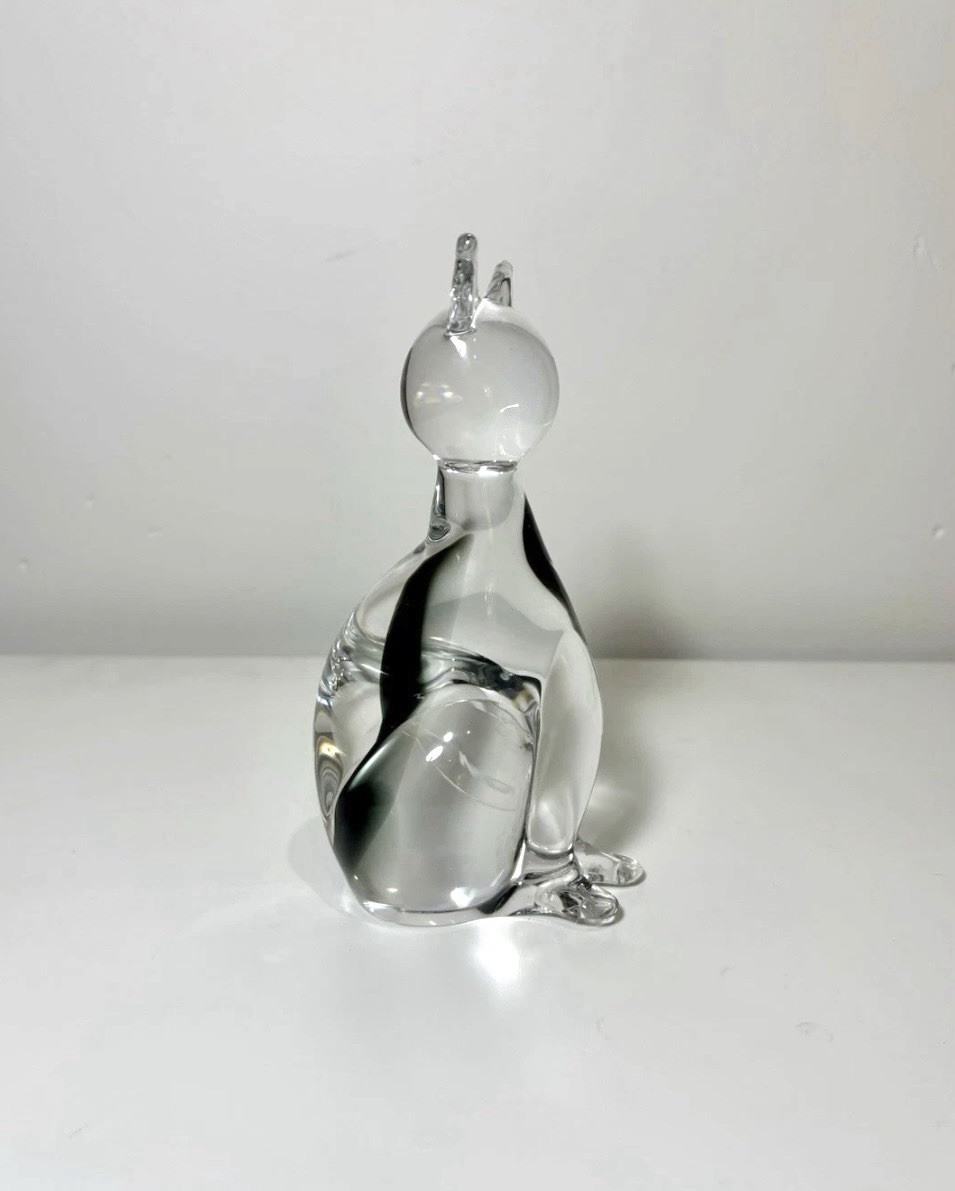 Murano Glass Cat Figurine/Paperweight Clear Black Sommerso Swirl V Nason MCM