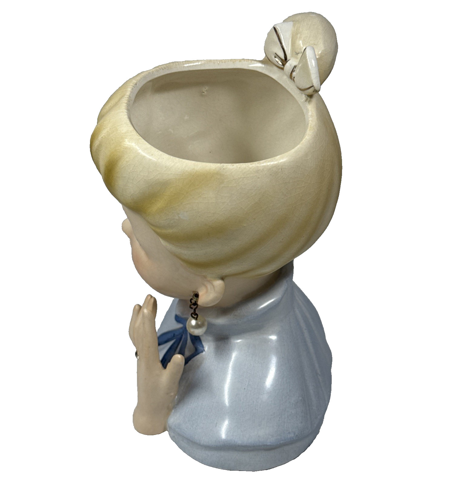 1960 NAPCO Head Vase Blonde Pony Tail Teenager Diamond Ring Pearl Earrings
