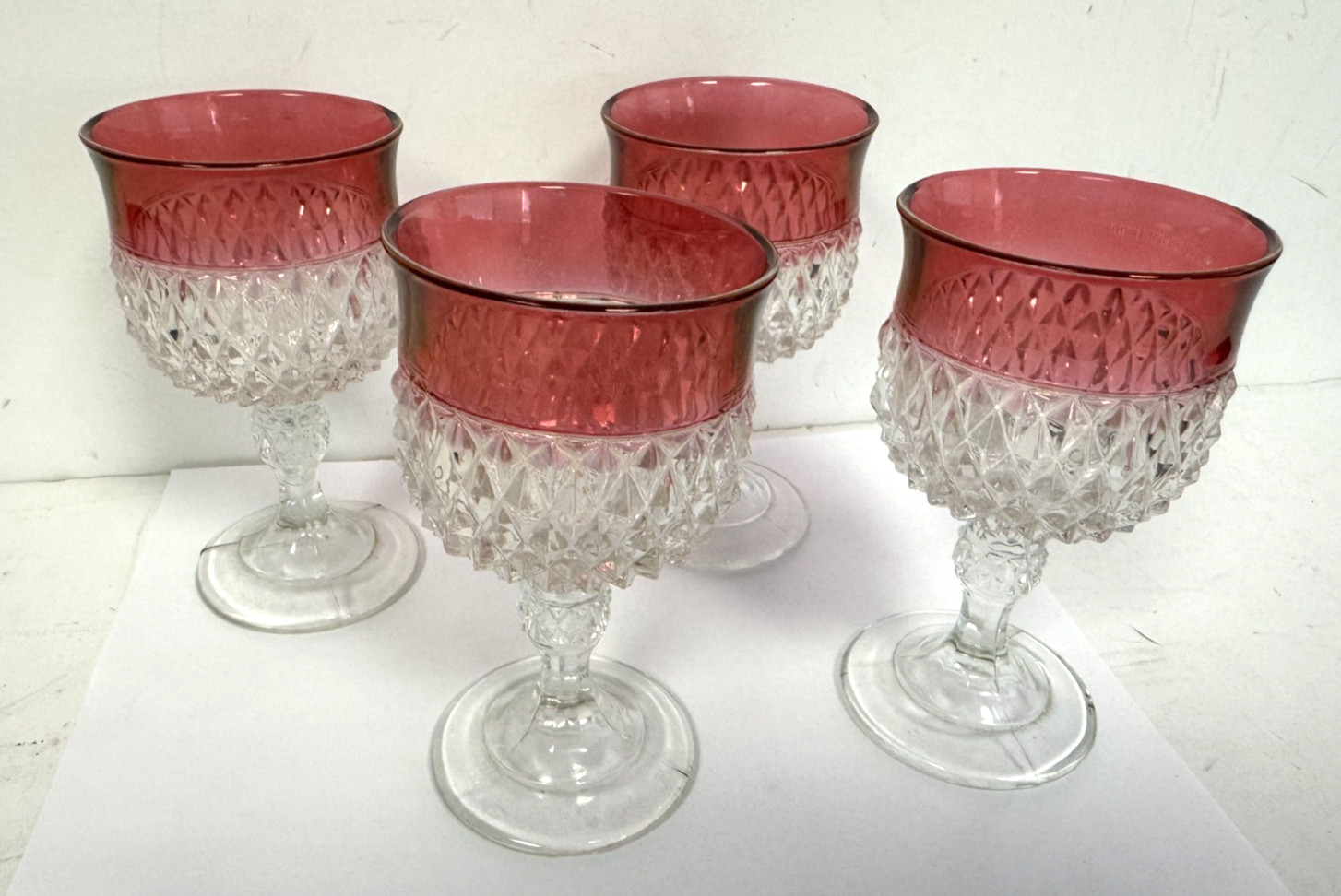 x4 LOT Vtg Indiana Glass Diamond Point Footed Goblets w/Cranberry Flash.