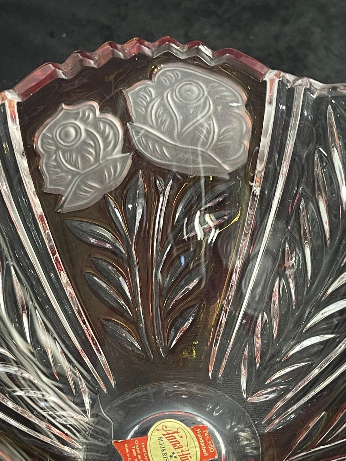 Anna Hutte Bleikristall 24% Lead Crystal Scalloped Ruby Roses Flash Bowl 5.75″