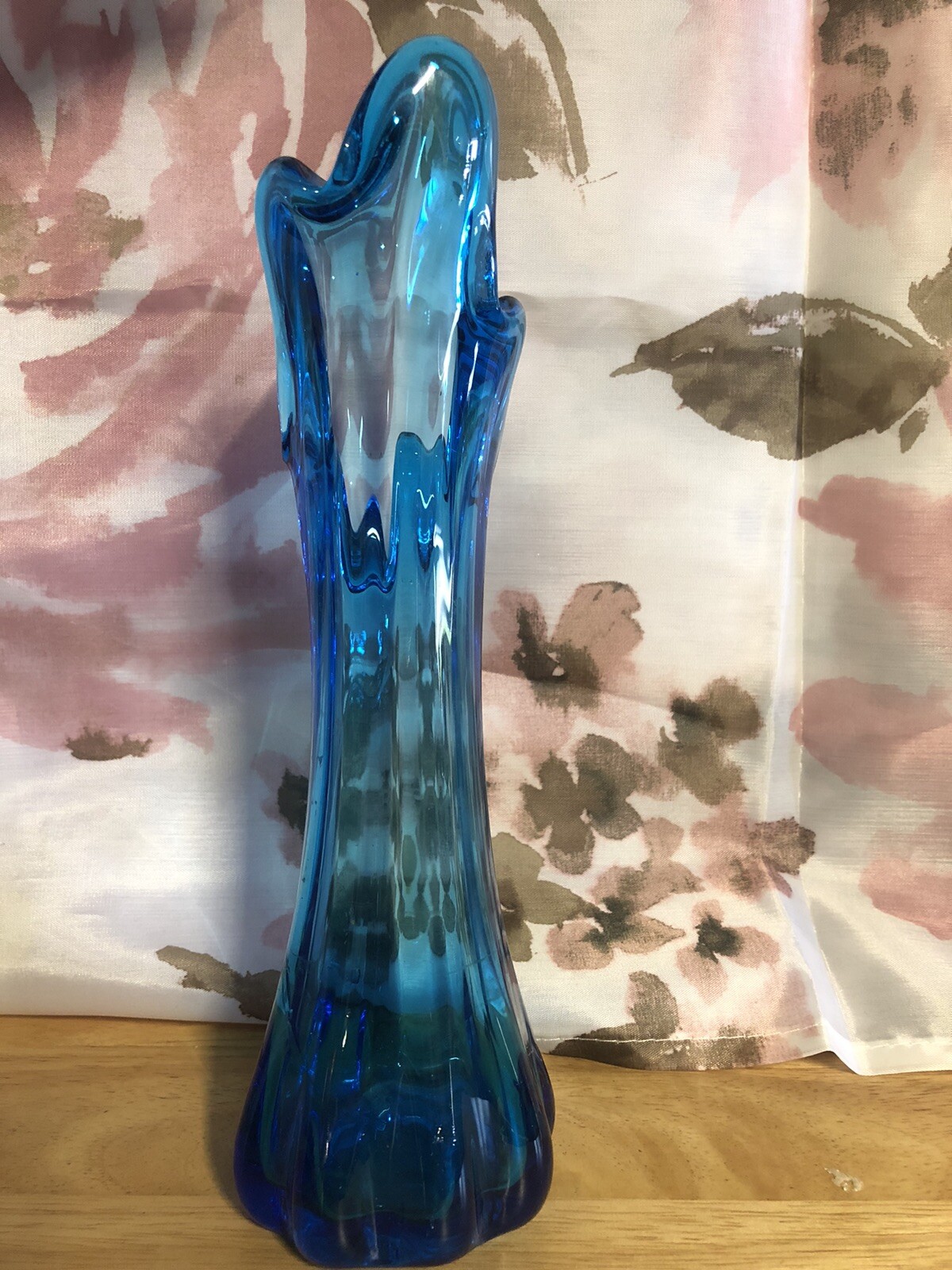 LE Smith 10” Small Swung Five Finger Vase Ribbed Blue Hand Blown Art Glass