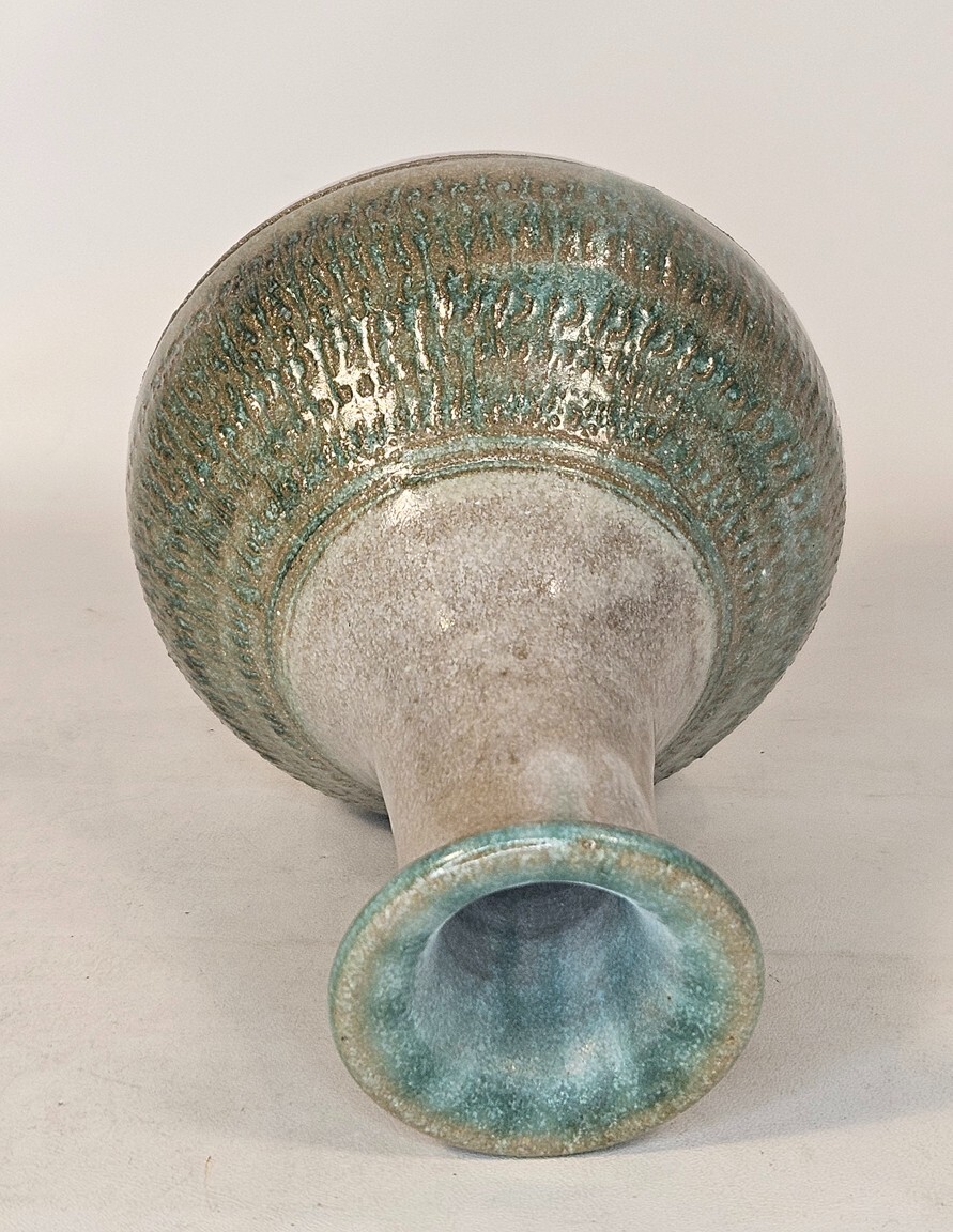 Pottery Vase Hand Thrown Green Gray Teal Signed 5 1/2 inches Tall.