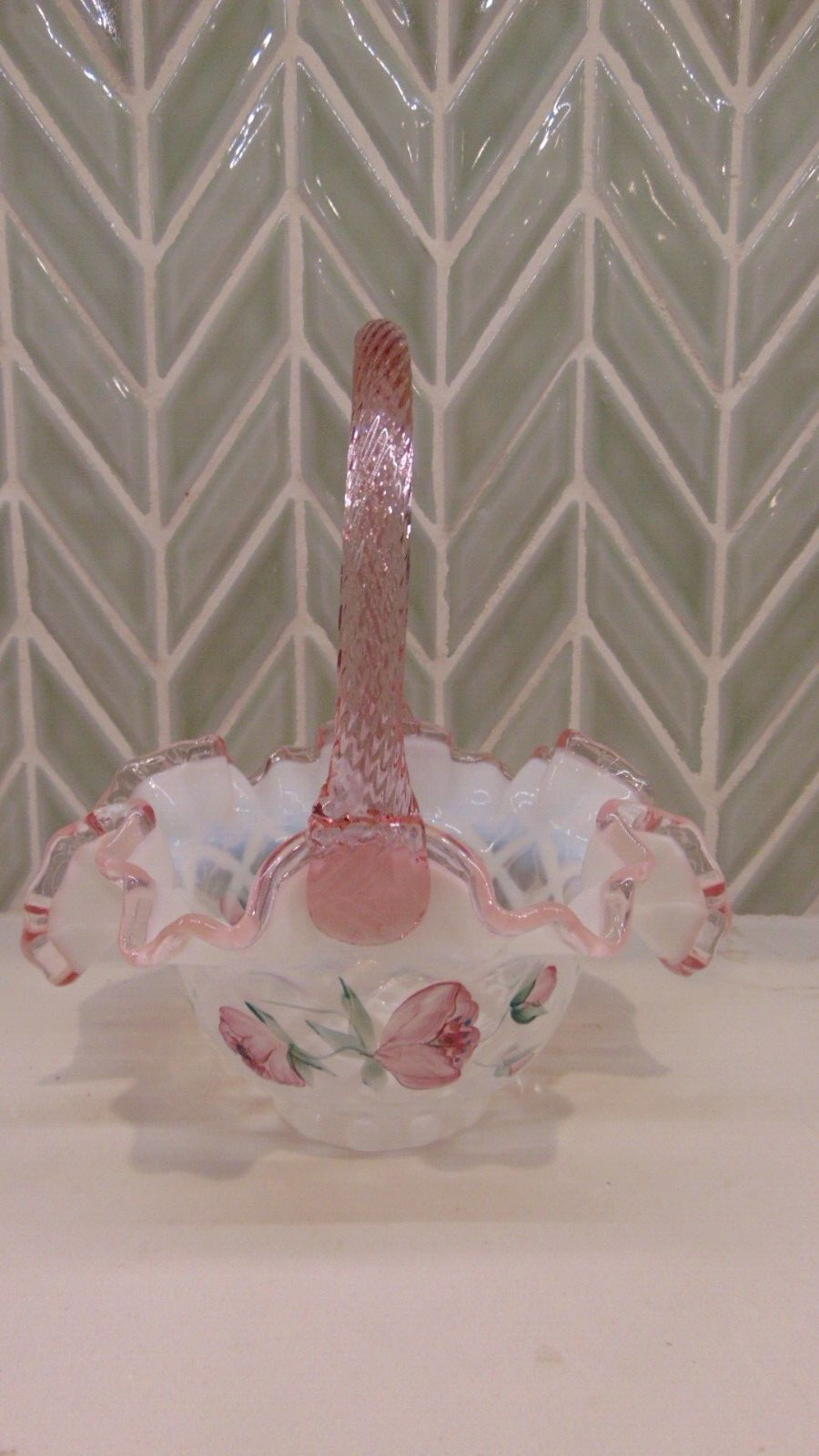 Fenton Pink/White/Clear Opalescent Hand Painted Trellis Basket Signed D Wright