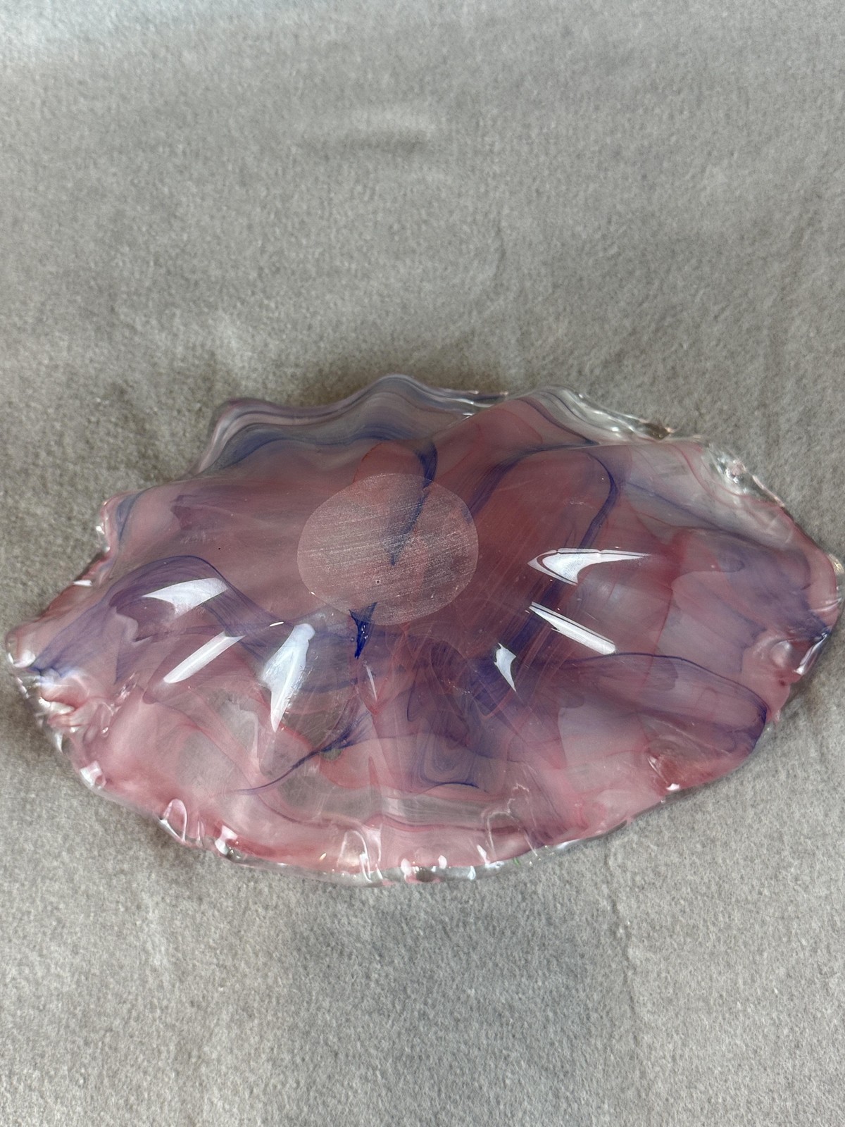 Murano Hand Blown Pink Swirl Glass Ruffled Bowl Ornament Made Italy Decor Art