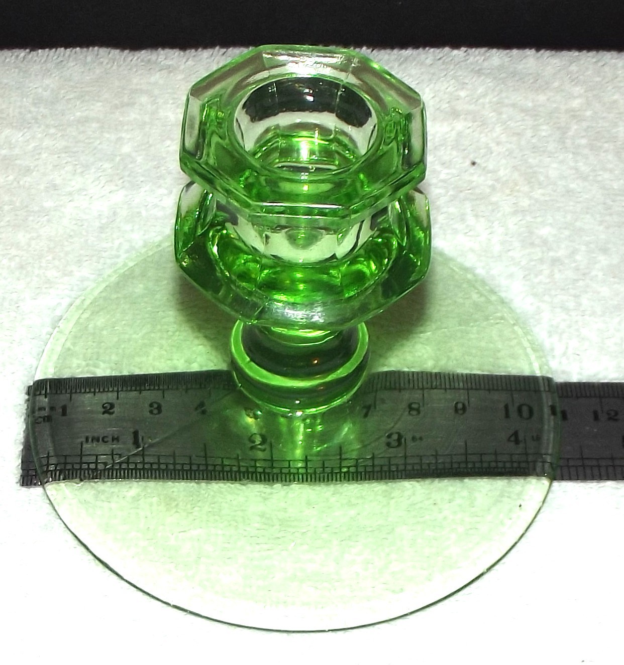 Green Fluorescent Depression Uranium Glass Candle Holder 3 1/4″ H X 4 1/4″ W