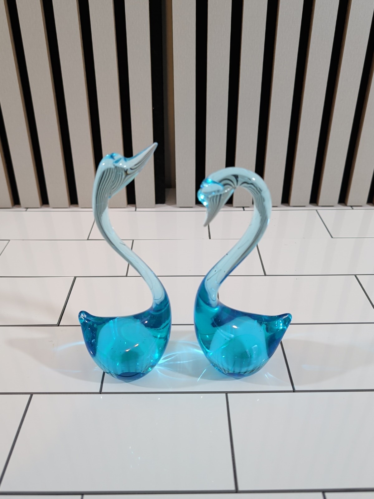 Teal Blue Murano Type Art Glass Swans Figurines Pair 7″ & 8″