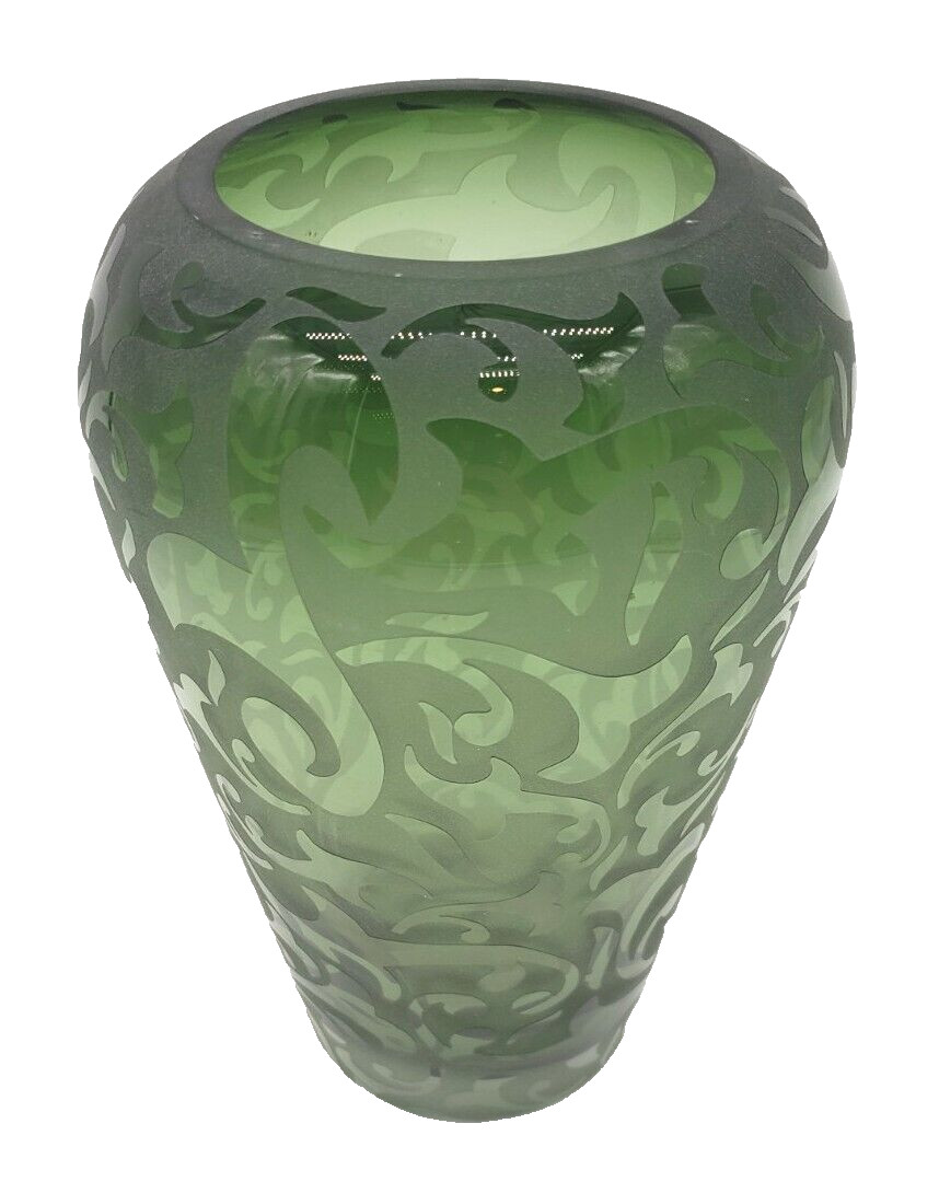 Michael Weems 9″ Acid Etched Green Art Glass Vase Signed Dated Elise 2003