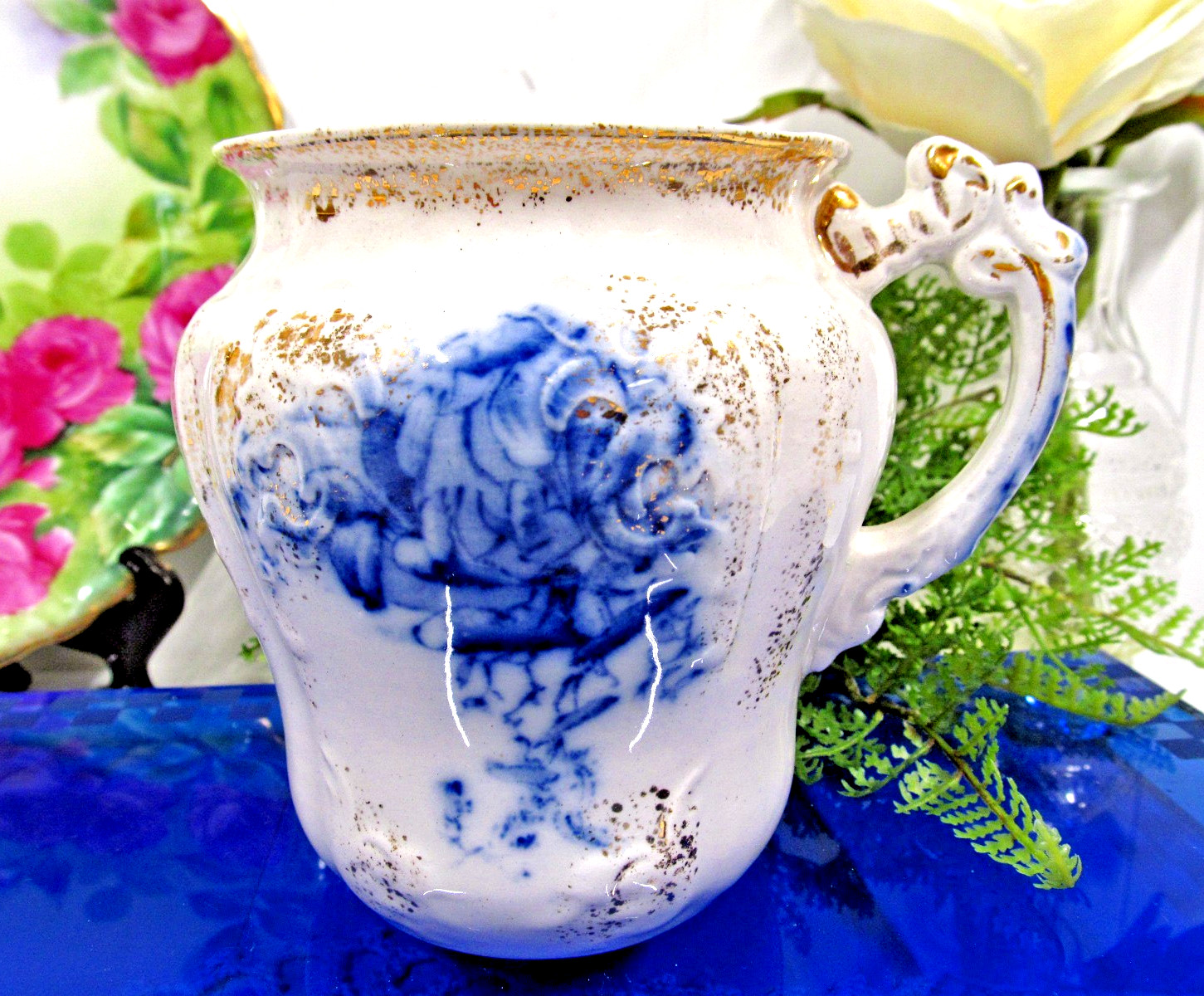 antique Shaving mug Flow Blue floral pattern embossed and raised pattern England