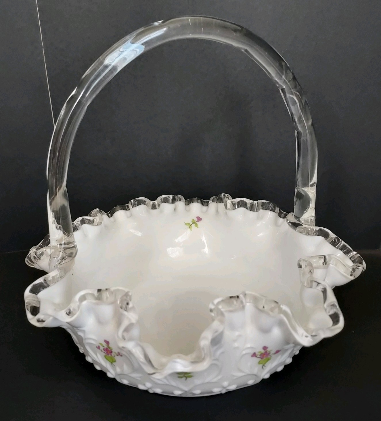 Vtg 8″ Fenton Silver Crest Spanish Lace Milk Glass Violets in Snow Basket Signed
