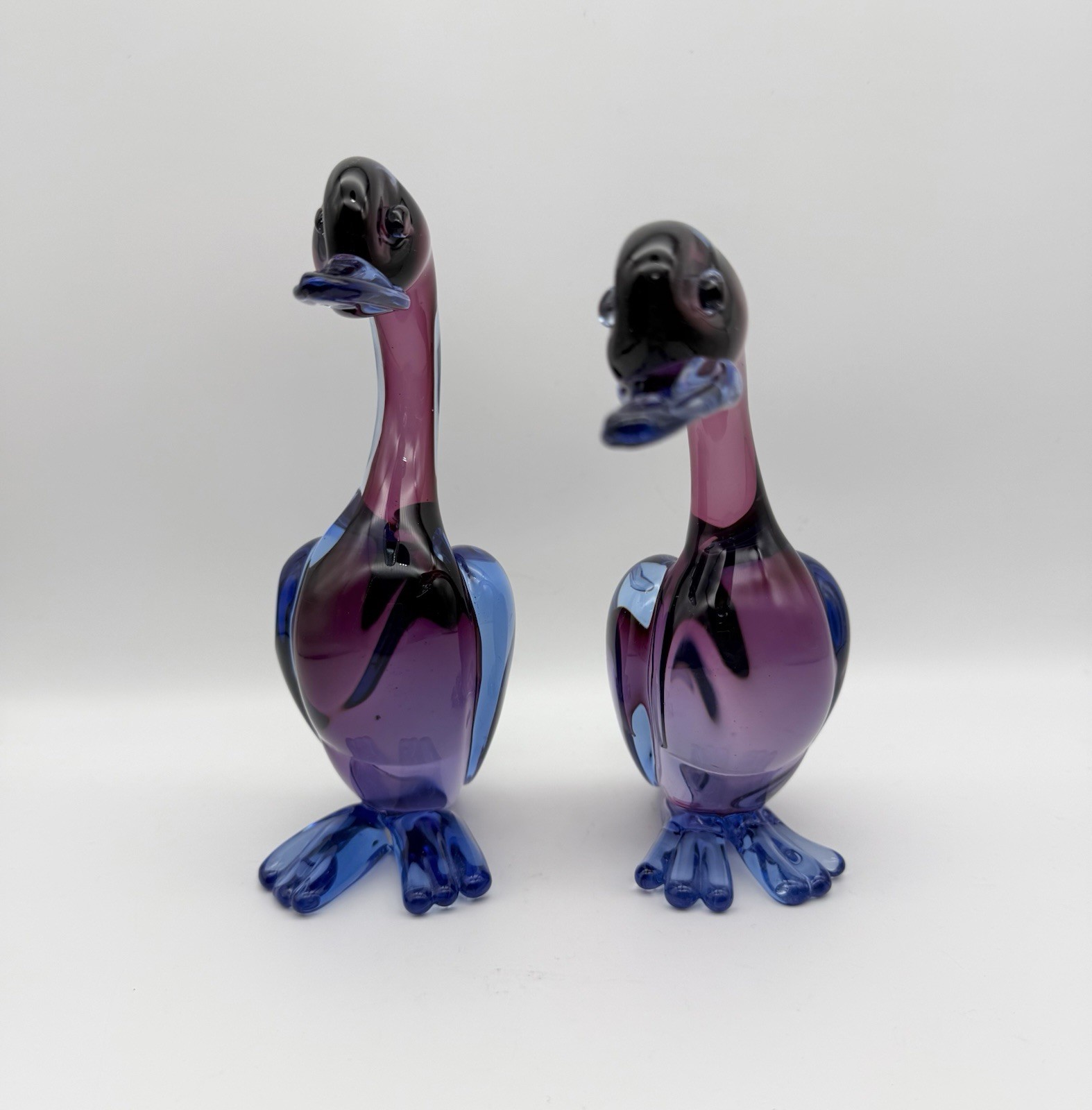 MCM Pair of 2 Art Glass Ducks Blue Purple 7.75″ & 7″ Hand Blown Mid Century