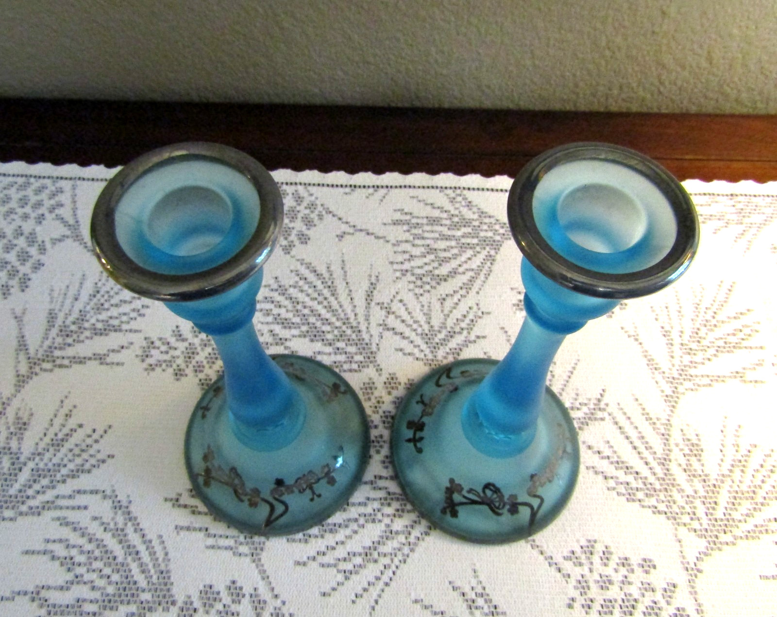 Tiffin Sky Blue Satin Glass CONSOLE BOWL & CANDLESTICK HOLDERS / Silver Overlay
