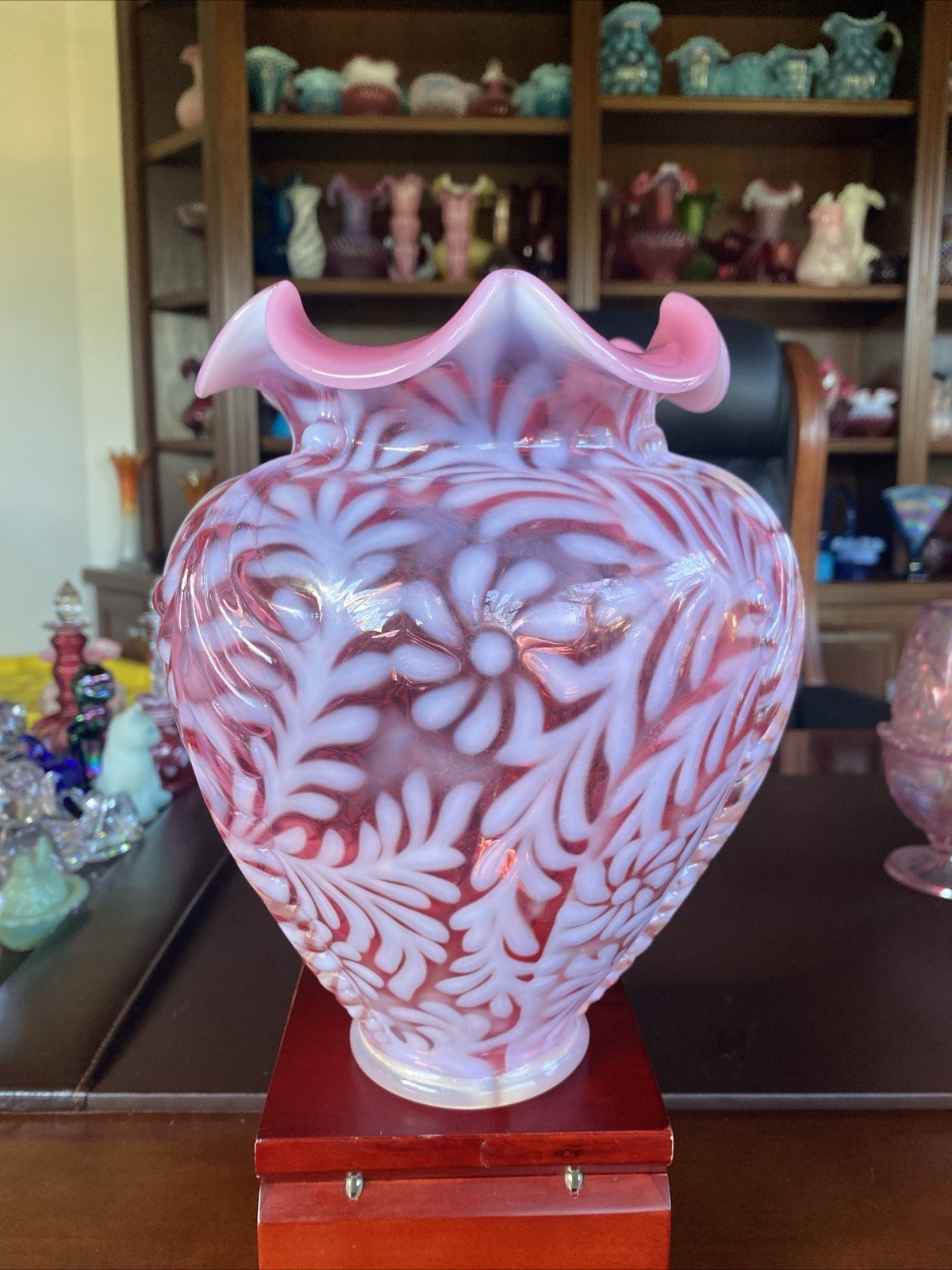 Fenton Cranberry Opalescent Daisy & Fern Large Ruffle Top Vase 9.5″H X 6”W!