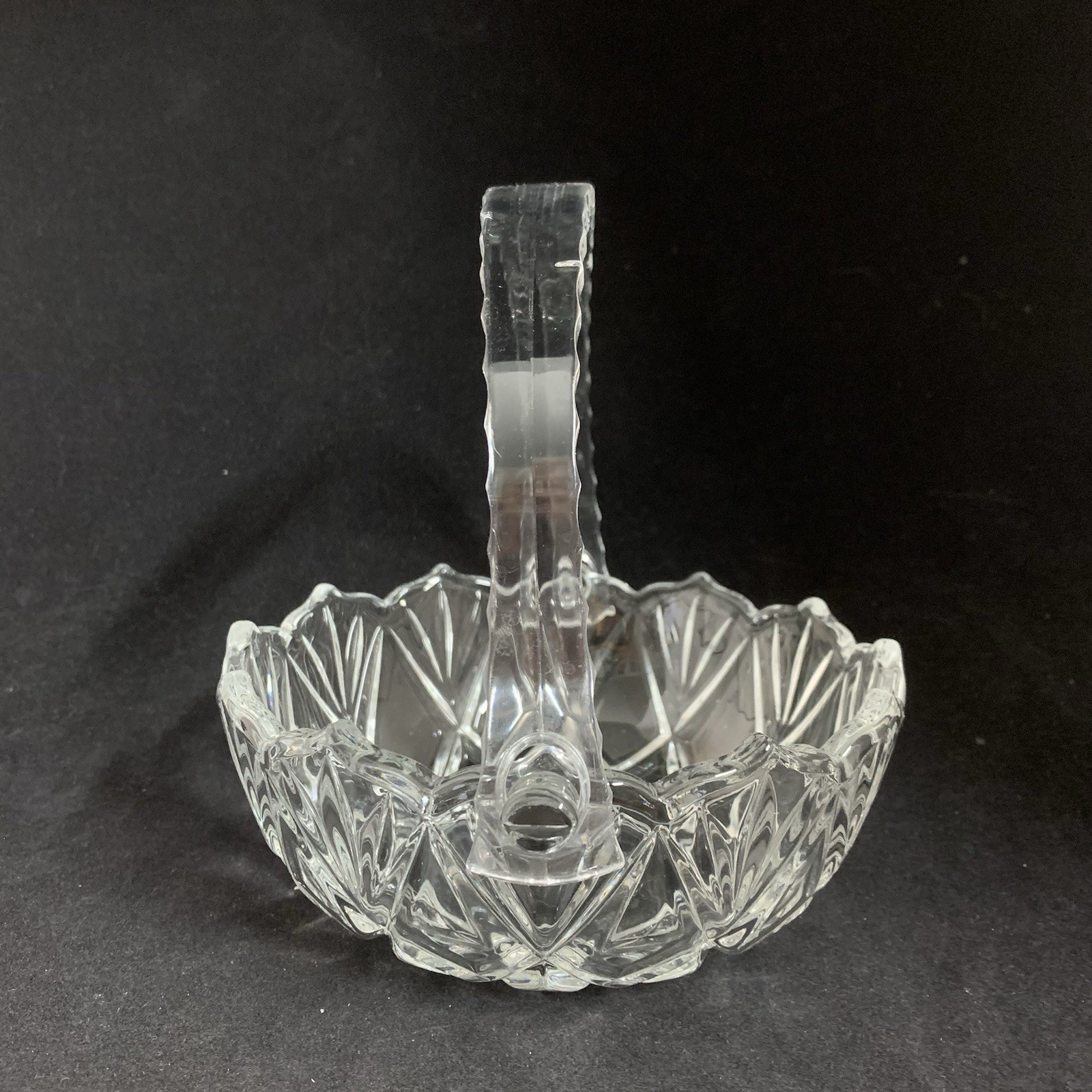 Vintage Molded Glass Basket With Acrylic Moveable Handle Very Pretty 6″ Dia
