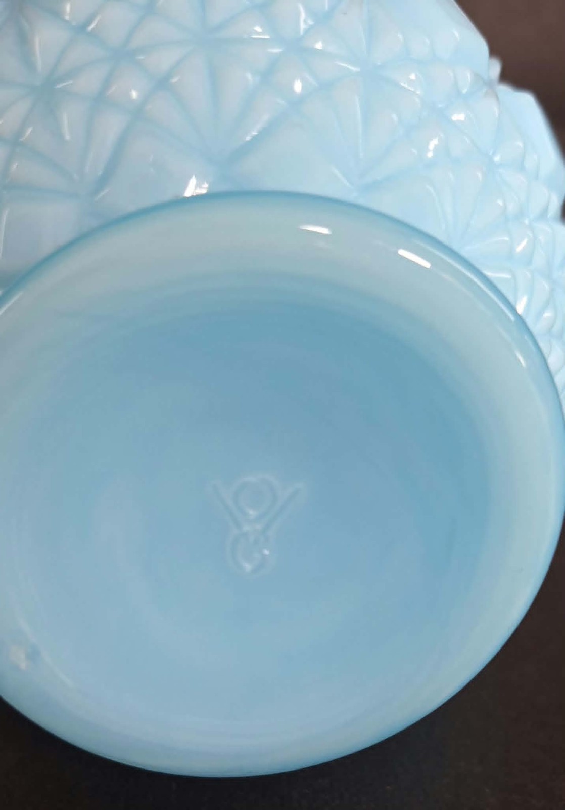 Fenton (Old Virginia Glass) Blue Milk Fine Cut & Block 12″ Swung Vase