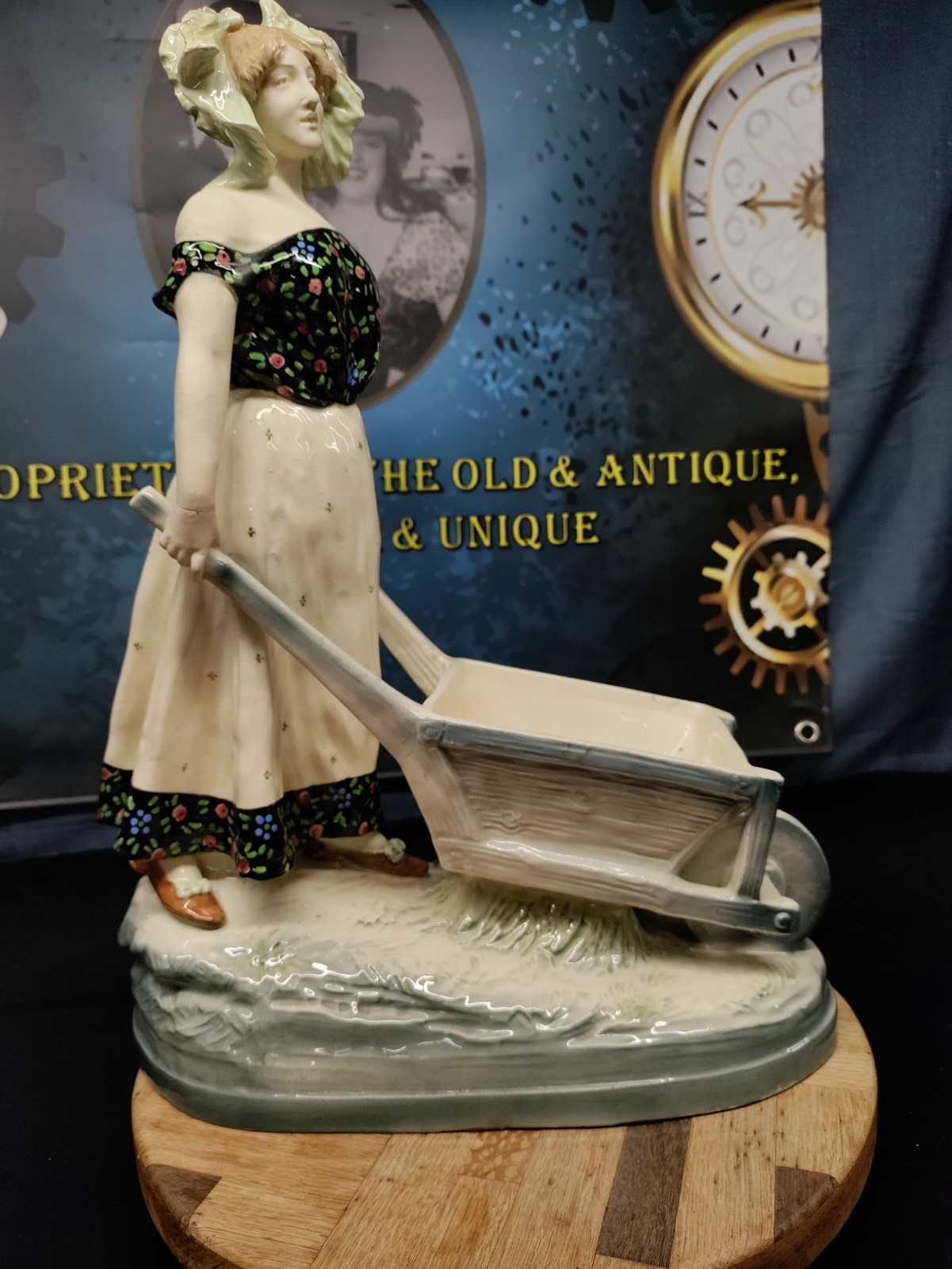 Large Antique Majolica Faience Porcelain Woman & Wheelbarrow Signed Figure C1800