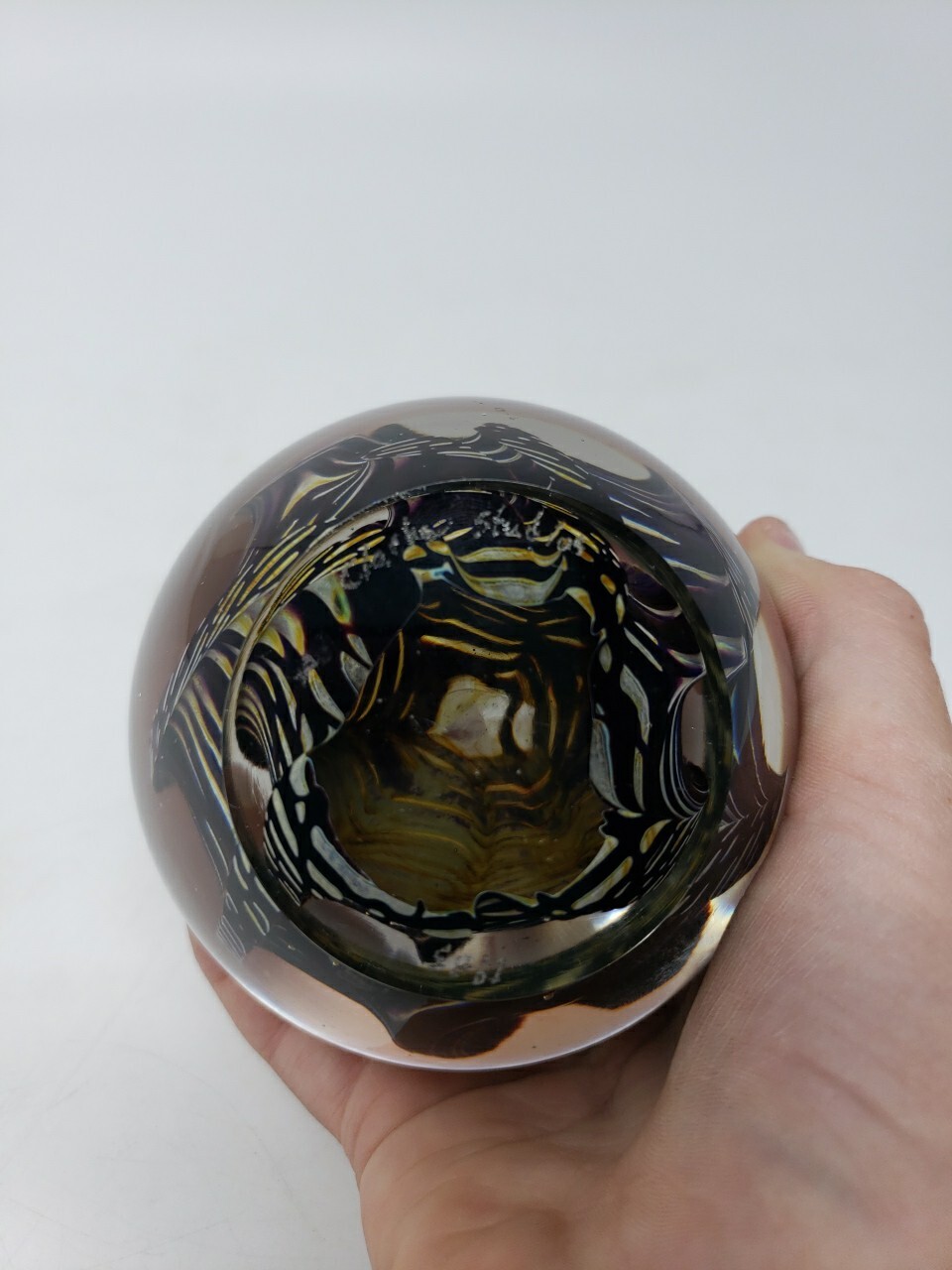 Signed James Clarke 1983 Studio Art Glass Asteroid Paperweight Black 2 7/8″
