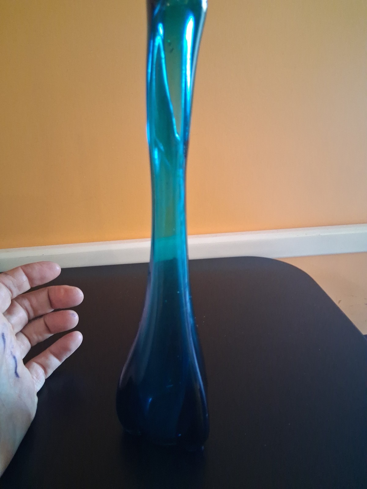 Vintage MCM Viking Glass Bluenique 3 Foil Swung Vase 10 Inches High. Stunning